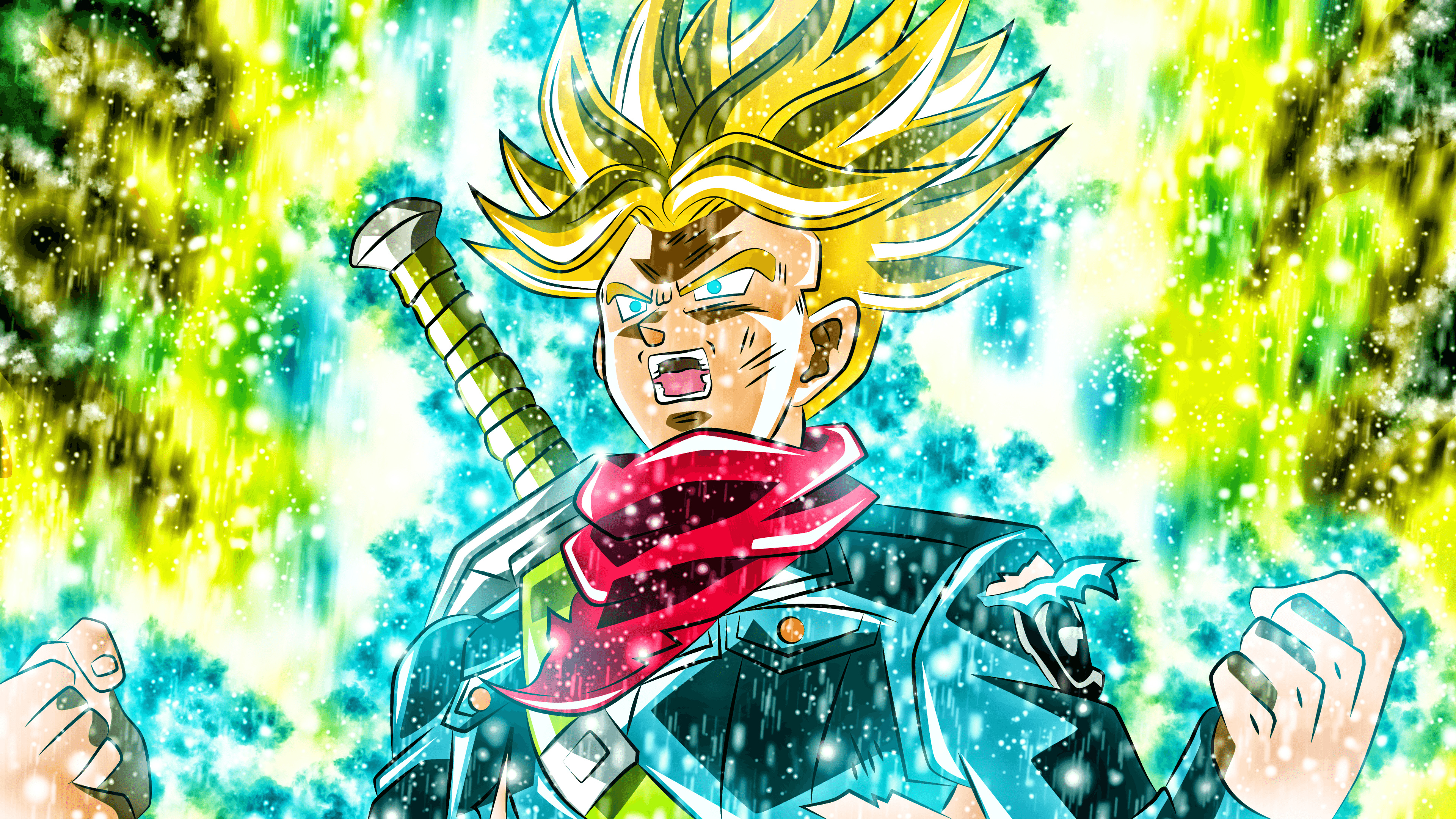 Super Saiyan Future Trunks, Future Trunks' sword, Glowing energy aura, 4K Desktop wallpaper