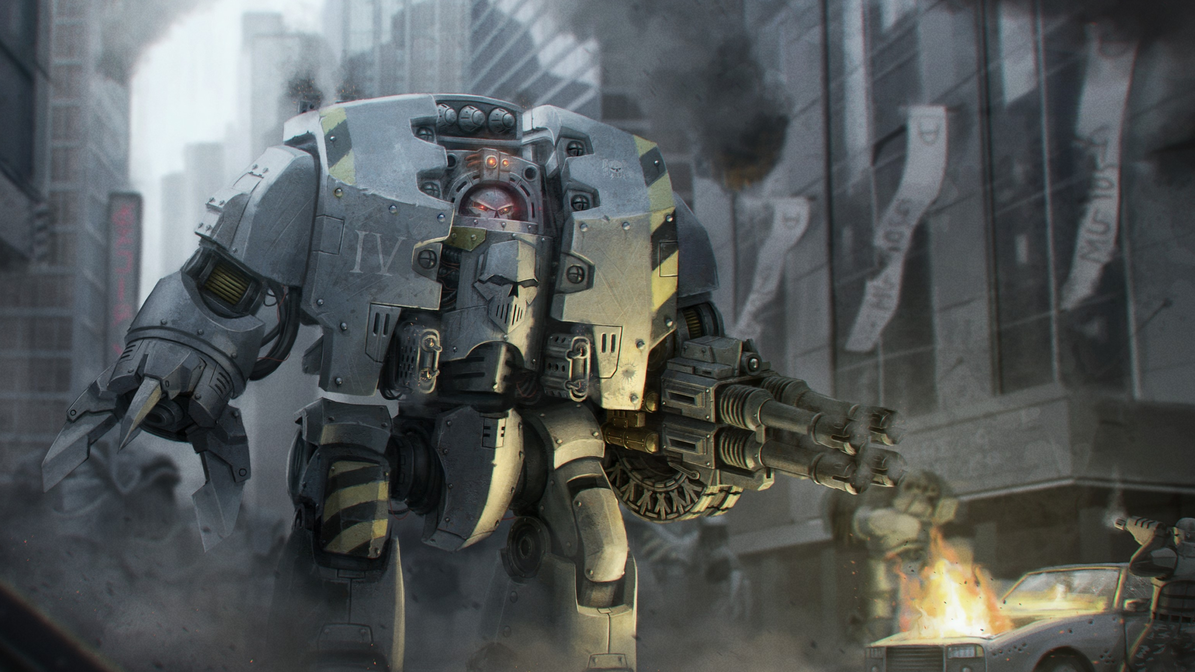 Iron Warriors Dreadnought, Warhammer 40,000, Urban combat zone, HD Desktop wallpaper