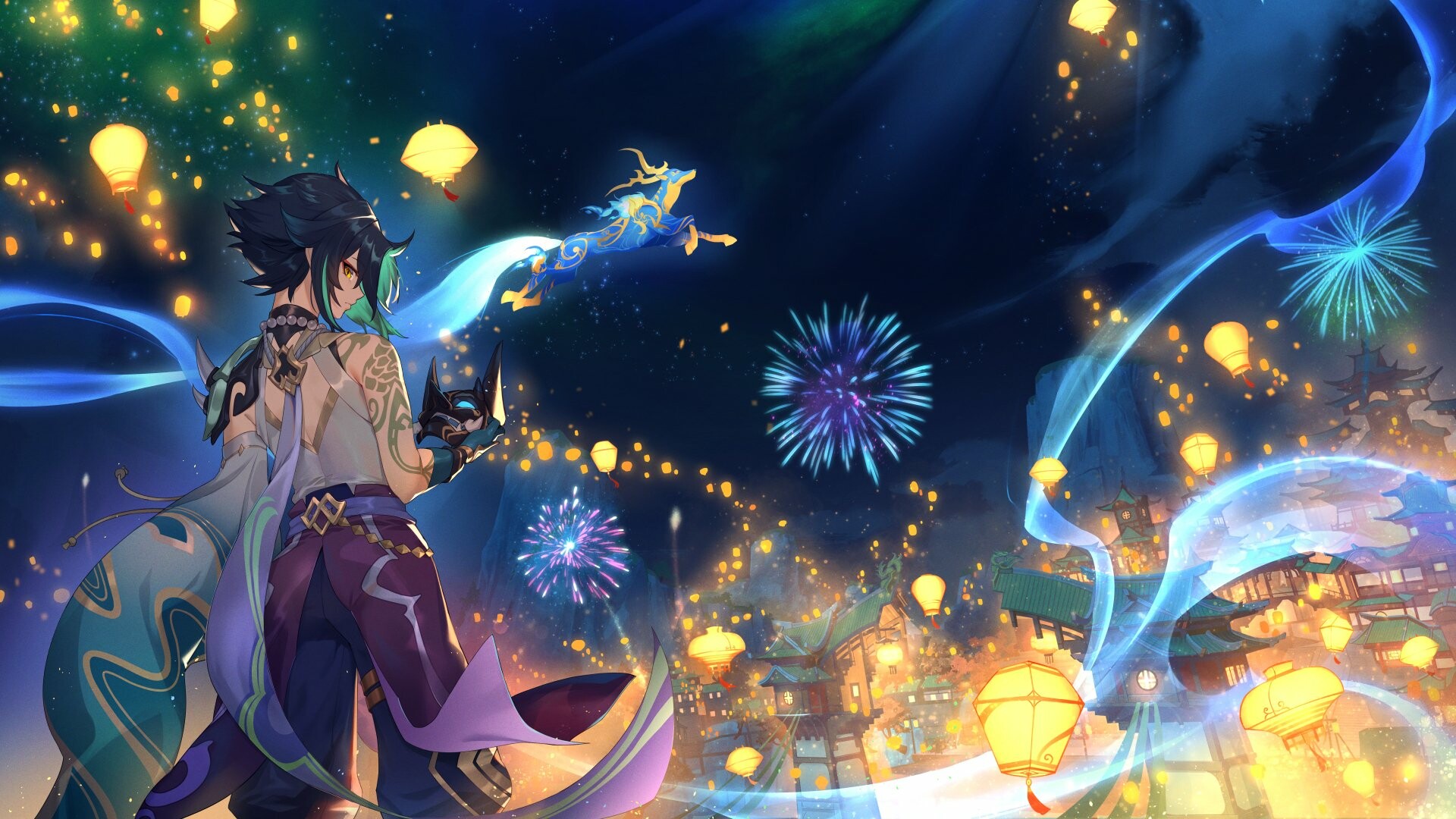 Xiao Liyue, Lantern Rite festival, Genshin Impact wallpaper, Atmospheric scenery, 1920x1080 Full HD Desktop