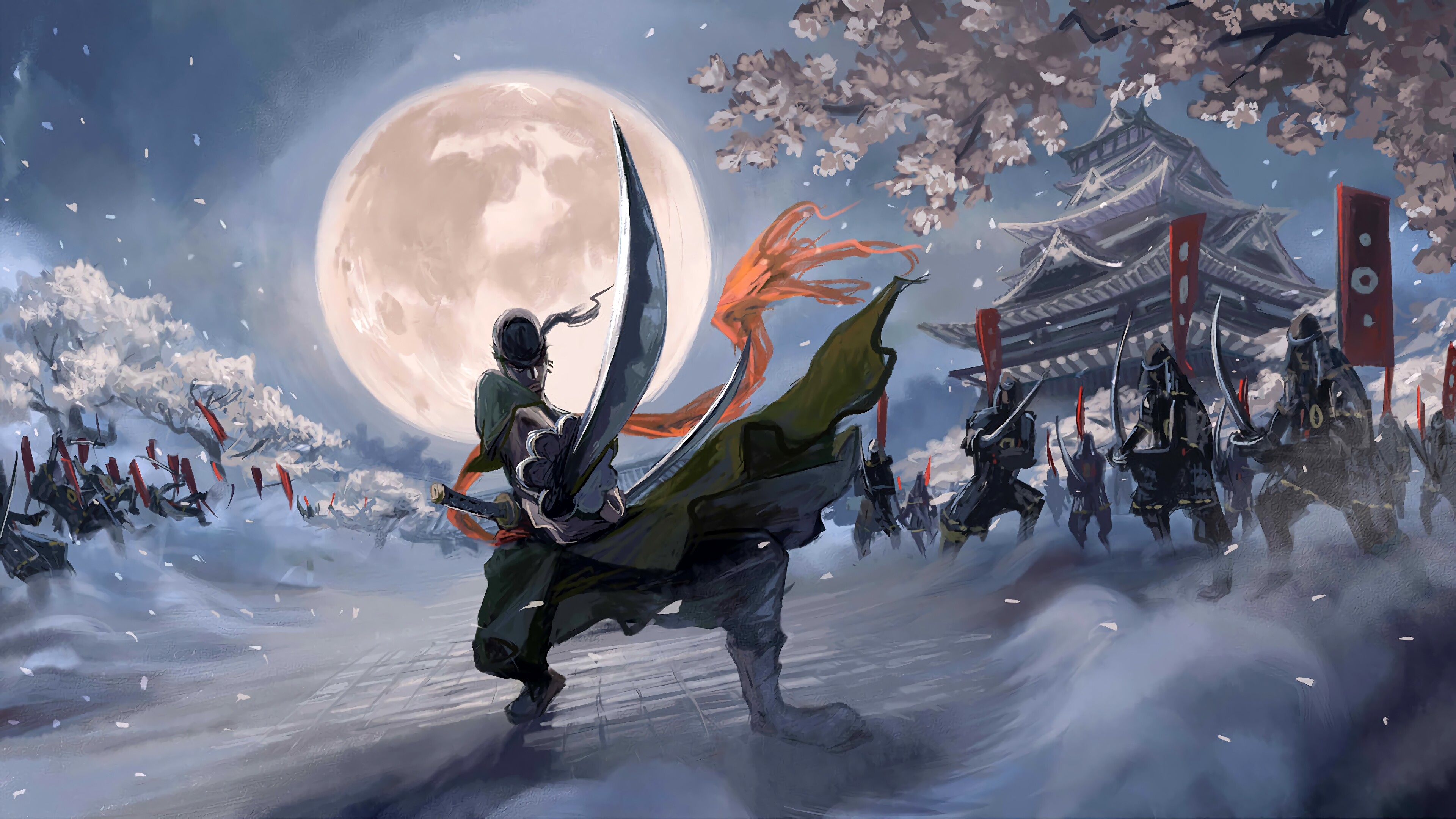 Roronoa Zoro, Japanese castle, Full moon over snow, Cherry blossom branches, Wano, 4K Desktop wallpaper
