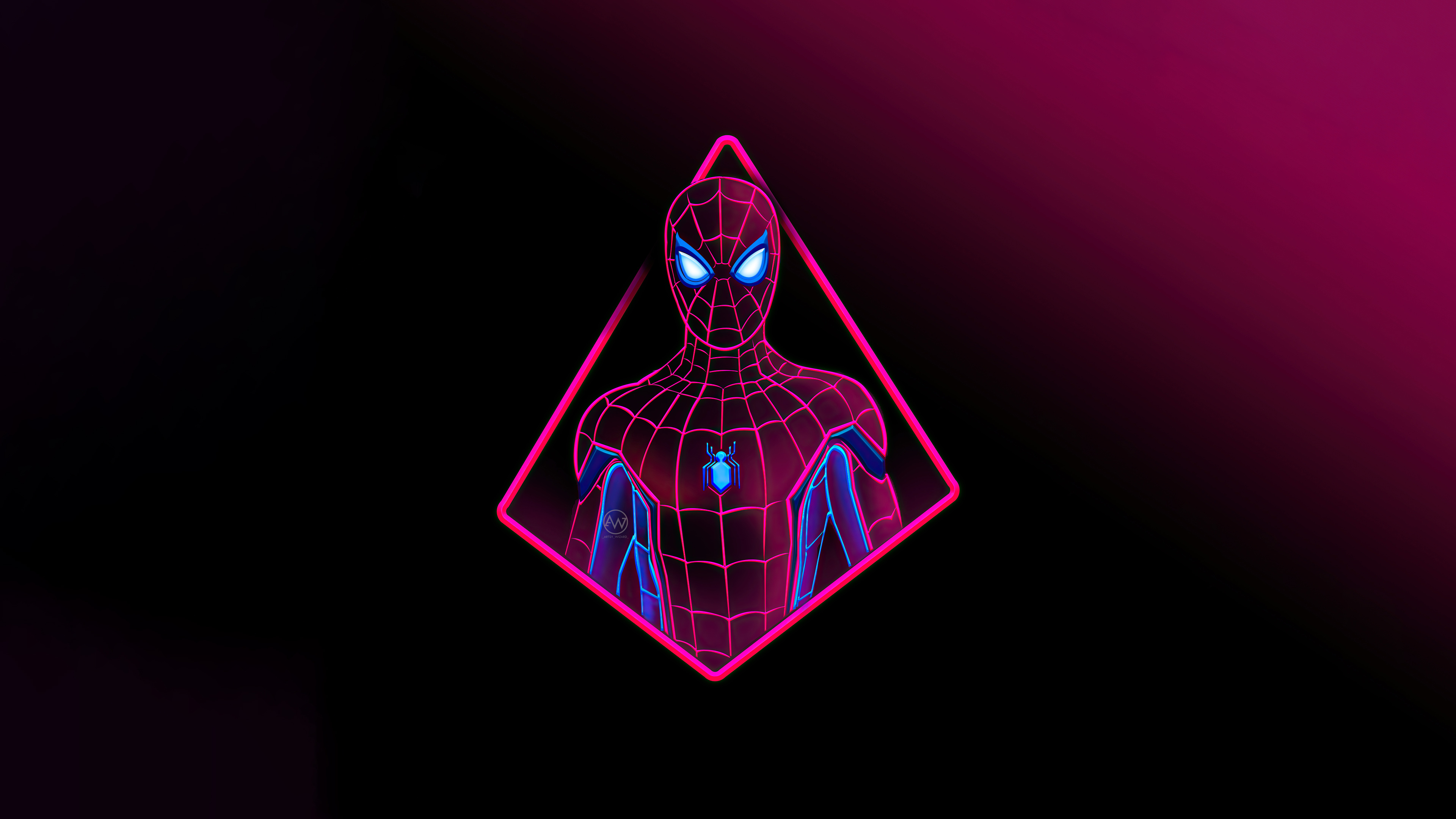 Spider-Man, pink neon diamond frame, glowing spider emblem, 4K Desktop wallpaper