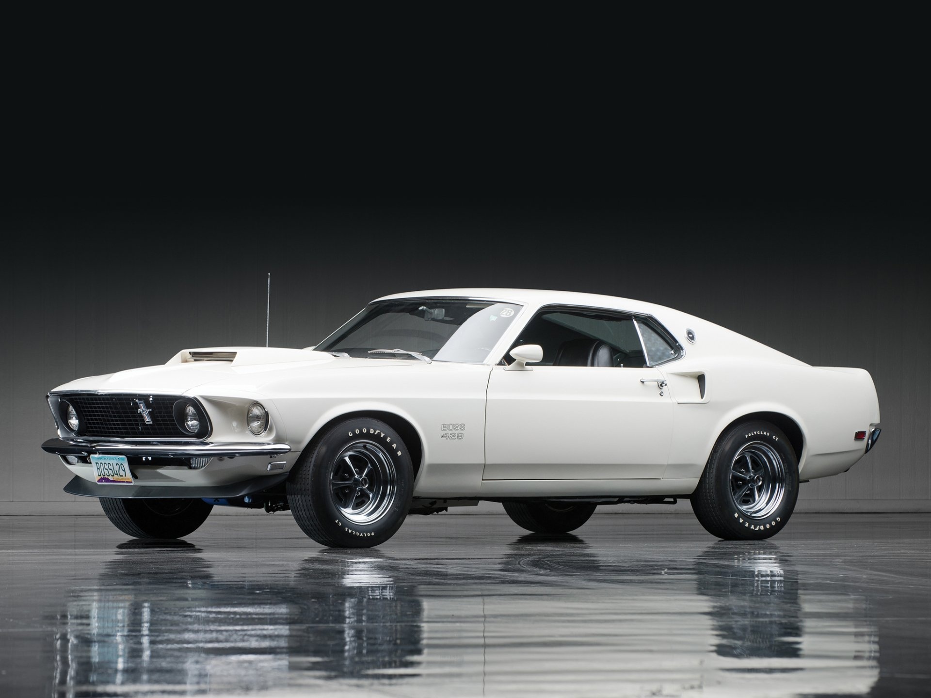 1969 Ford Mustang Boss 429, Goodyear Polyglas tires, Reflective studio floor, HD Desktop wallpaper