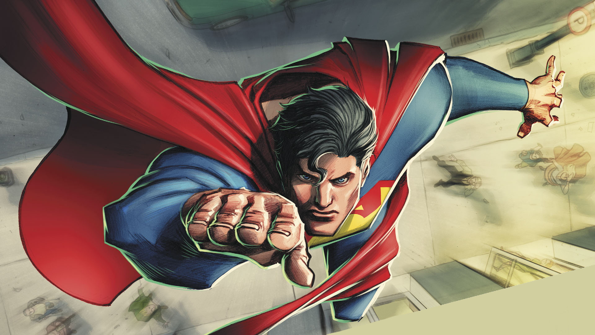 DC Comics Superman, Billowing red cape, Metropolis street below, Full HD Desktop wallpaper