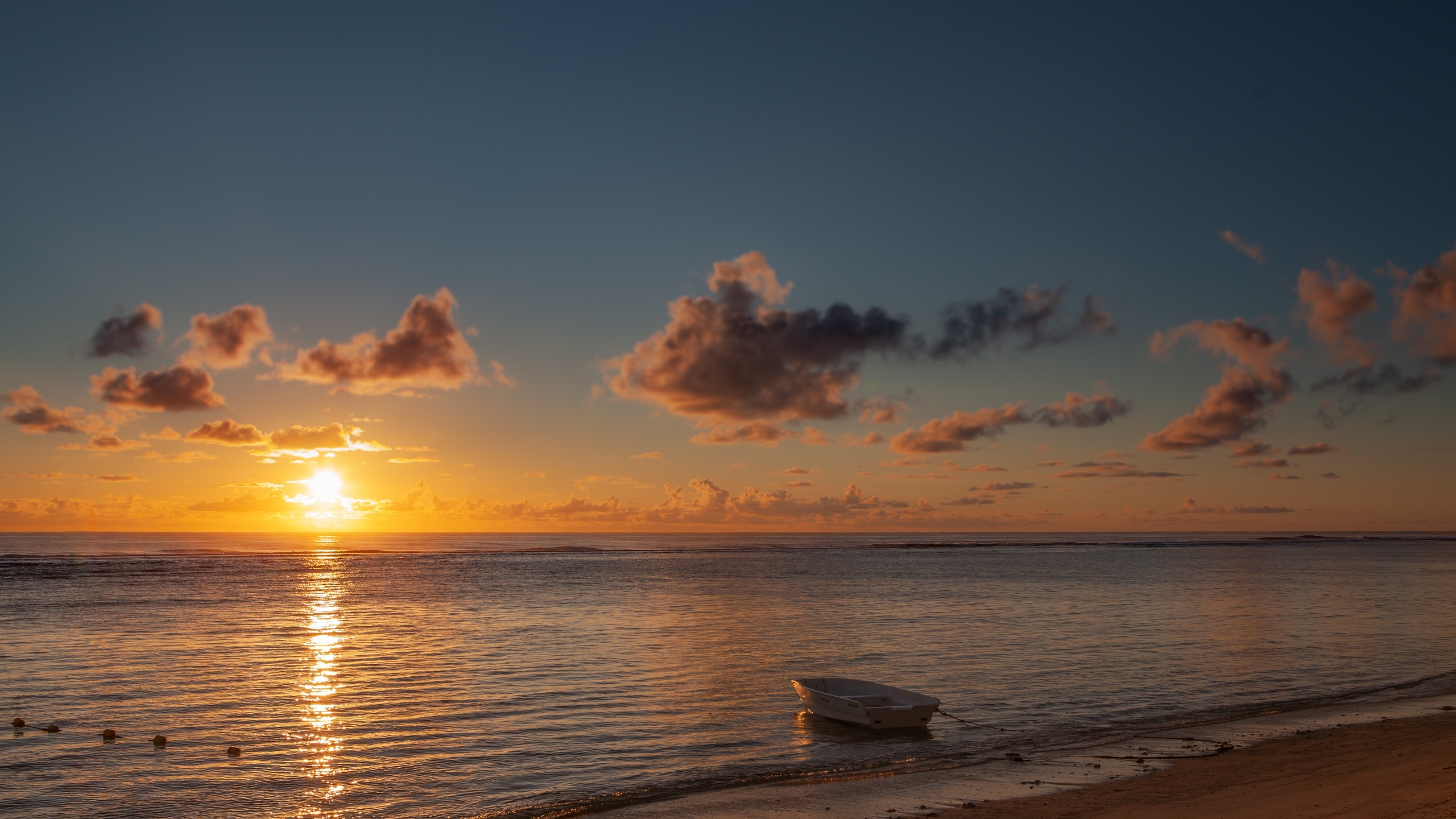 Moored dinghy on shoreline, Golden ocean sunset reflection, Twilight cumulus clouds, HD Desktop wallpaper