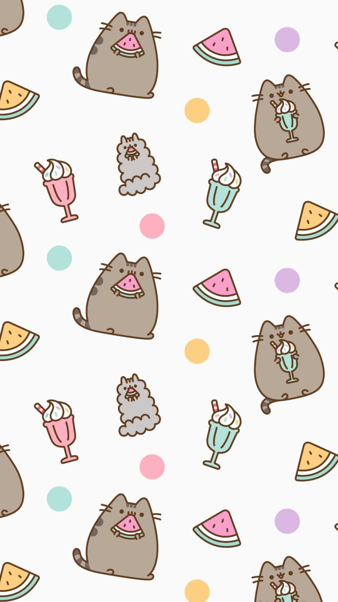 Pusheen the Cat, Stormy the Cat, Watermelon and sundae pattern, Full HD Phone wallpaper