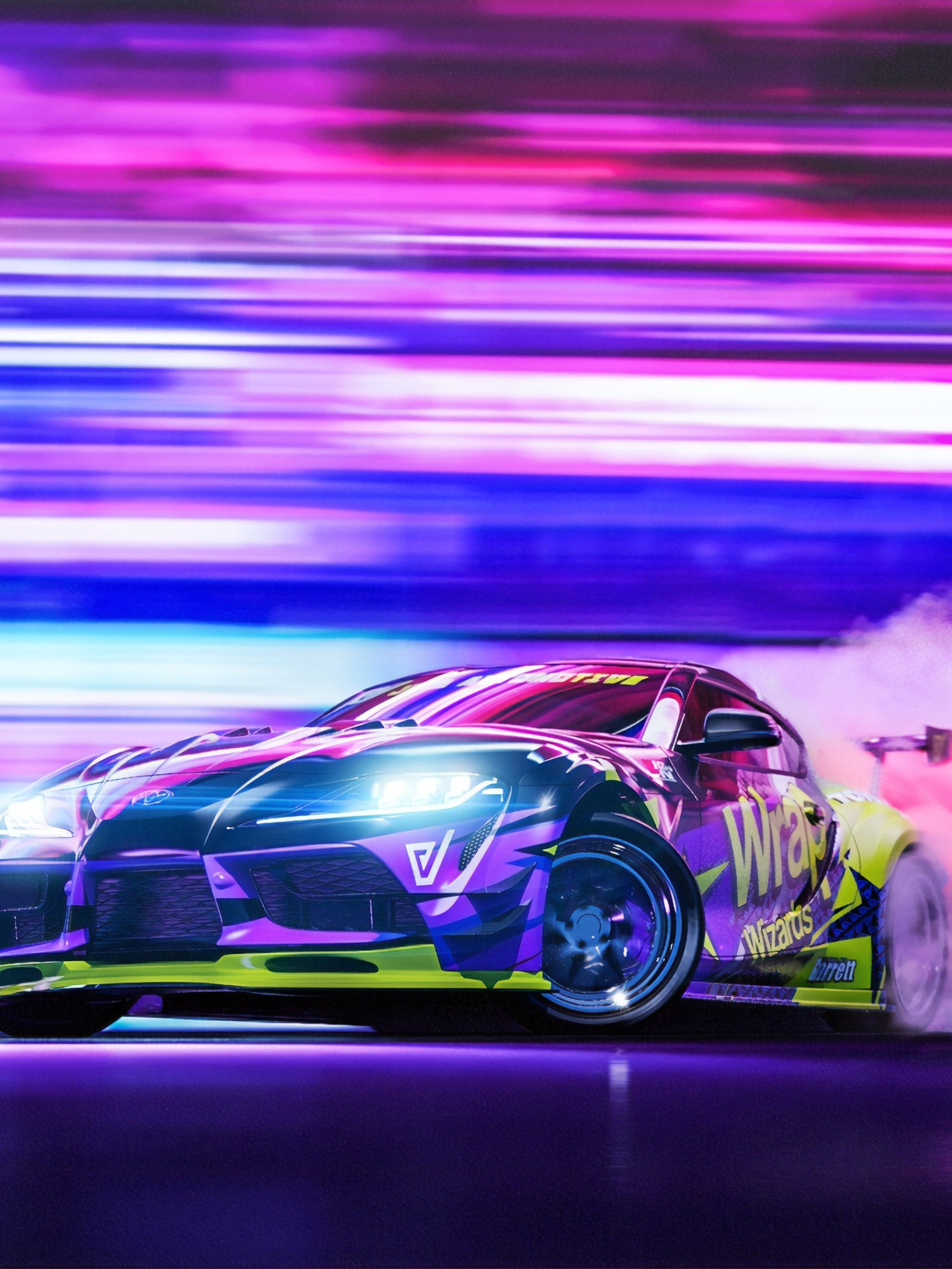 Toyota GR Supra drift car, Wrap Wizards livery, purple neon motion blur, HD Phone wallpaper