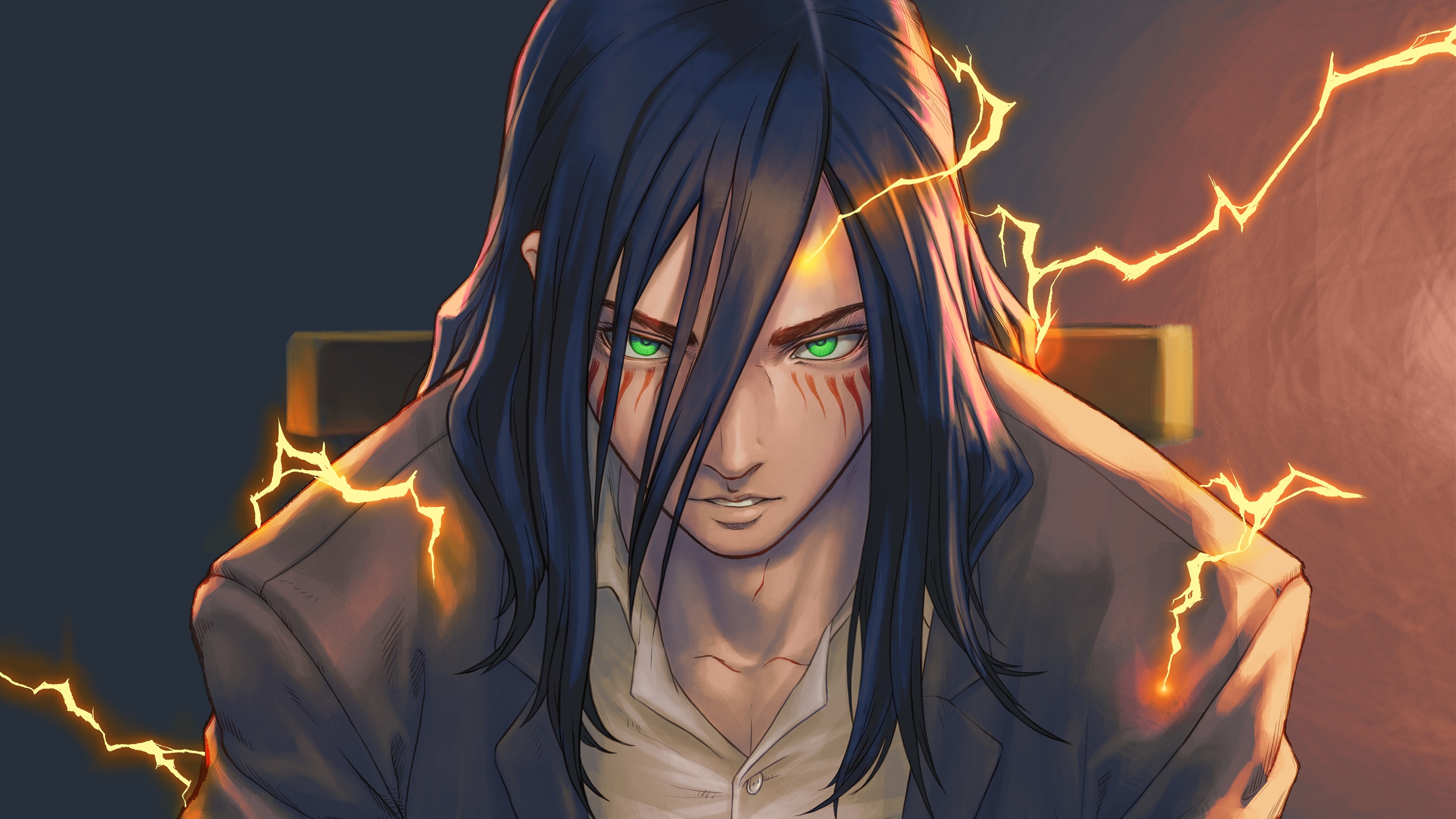 Eren Yeager, Titan transformation lightning, Titan shifter marks, 4K Desktop wallpaper