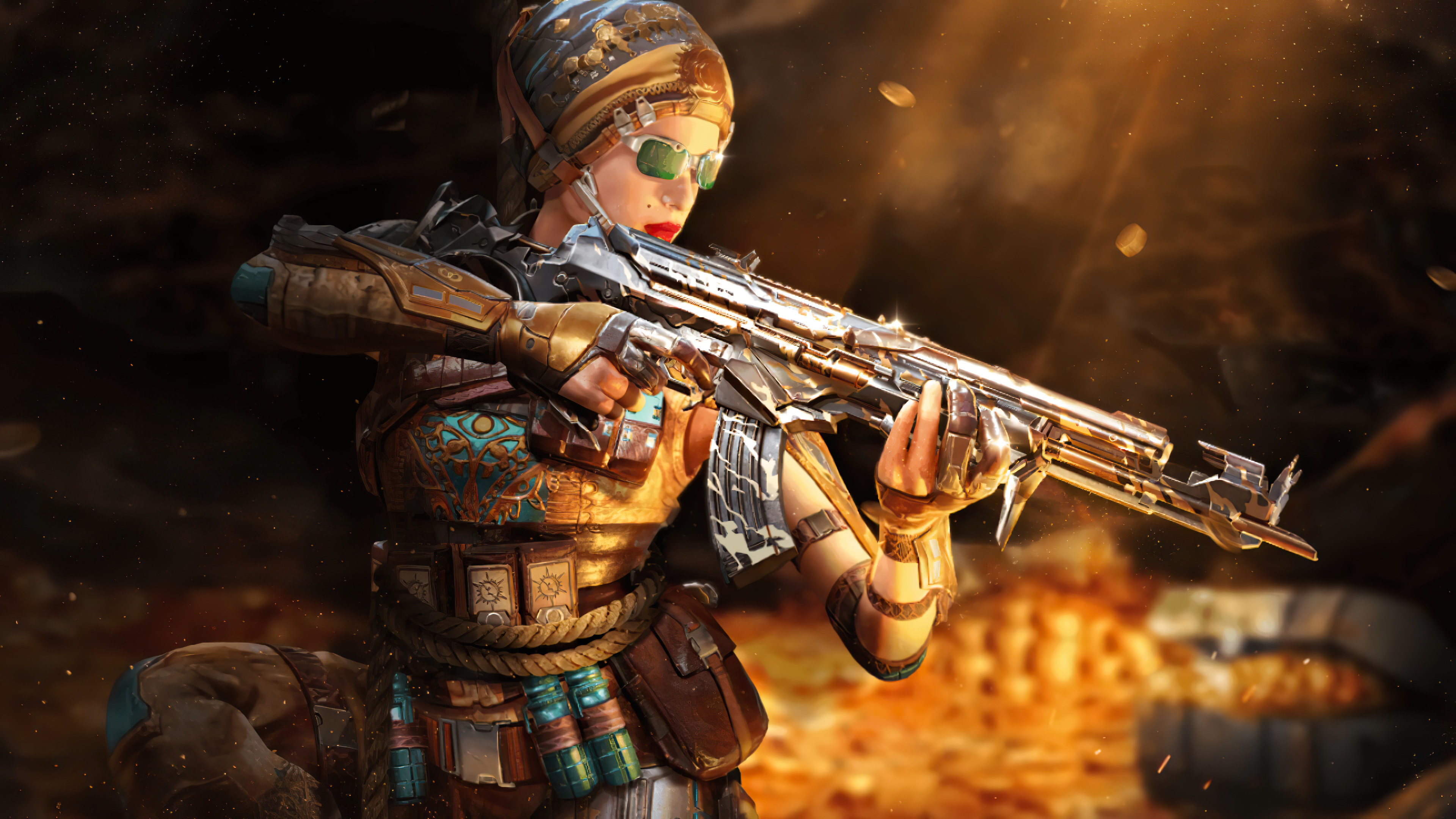 Call of Duty: Mobile operator, ornate assault rifle blueprint, glowing golden treasure chamber, 4K Desktop wallpaper