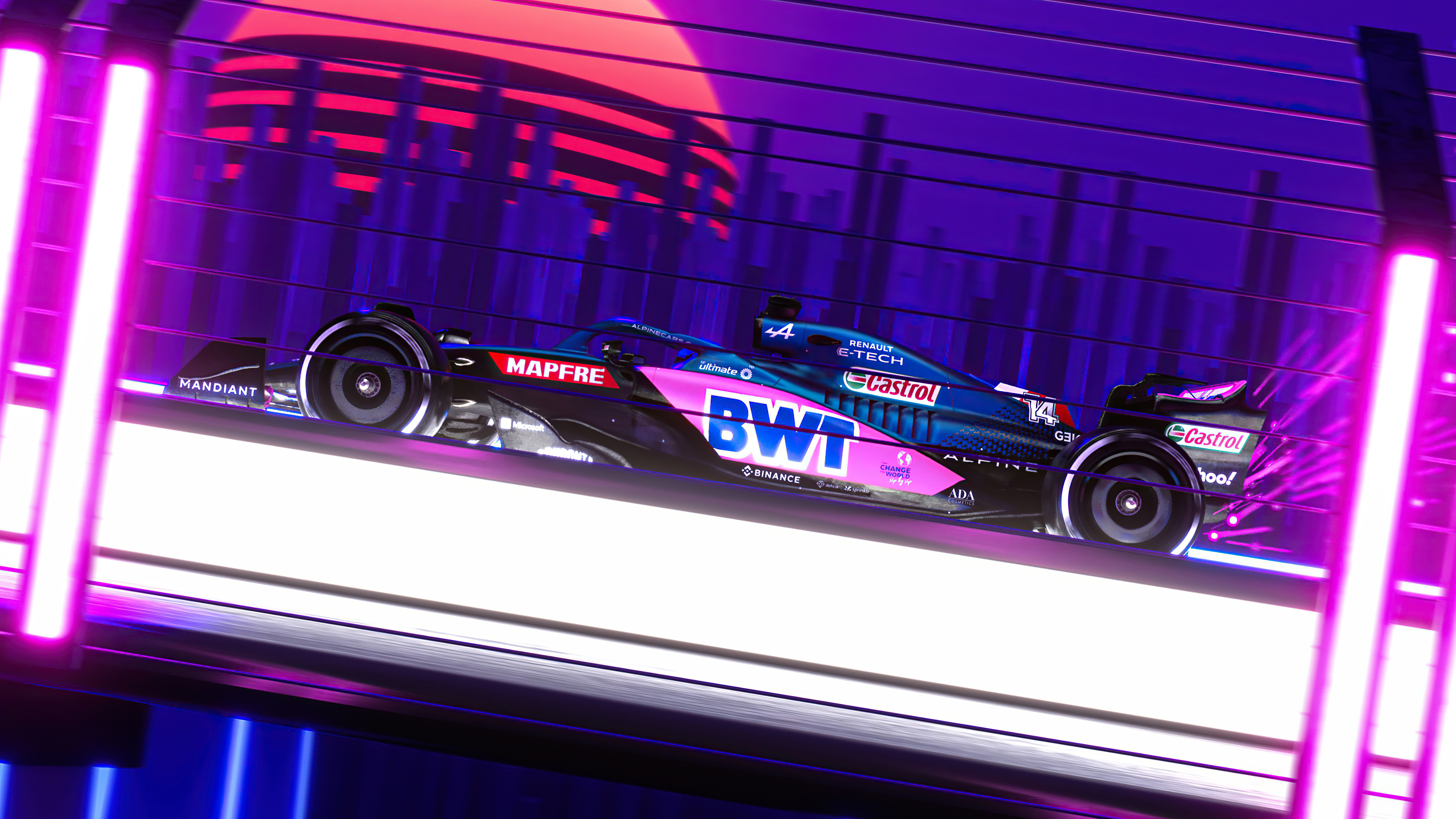 Alpine A522 F1 car, Synthwave neon city skyline, Fernando Alonso car number 14, 4K Desktop wallpaper