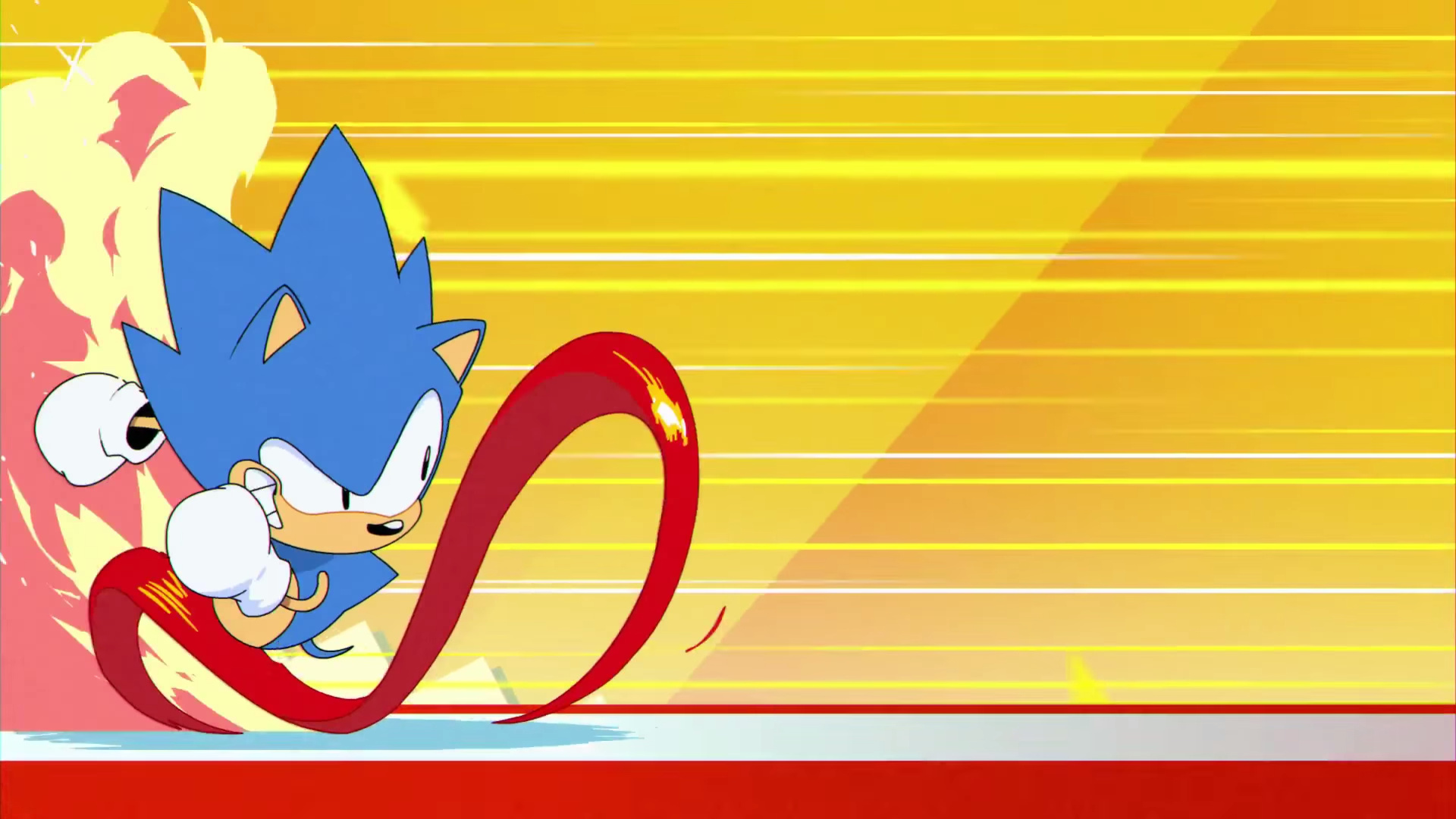 Sonic the Hedgehog mid-run, Red ribbon speed trail, Yellow horizontal speed lines, Full HD Desktop wallpaper