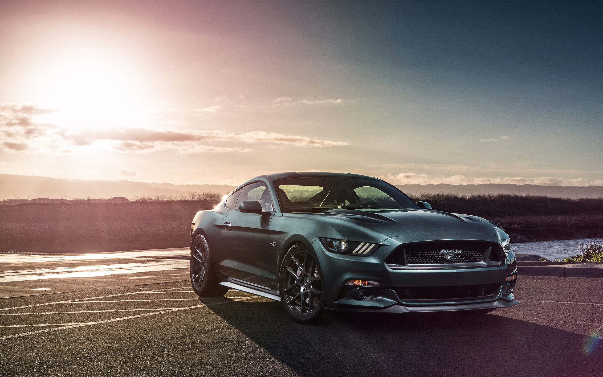 Ford Mustang GT, Golden hour sunset flare, Coastal asphalt parking lot, HD Desktop wallpaper