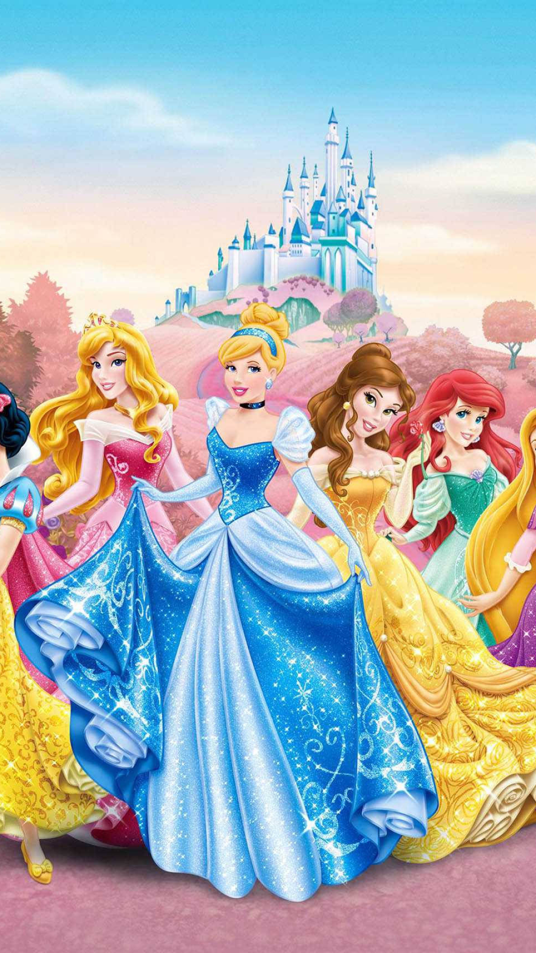 Cinderella, Belle, Princess Aurora, Princess Ariel, Cinderella Castle, Full HD Phone wallpaper