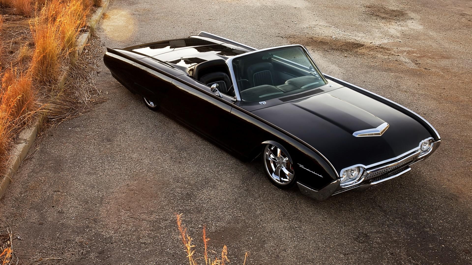 Ford Thunderbird convertible, custom chrome wheels, asphalt roadside, Full HD Desktop wallpaper