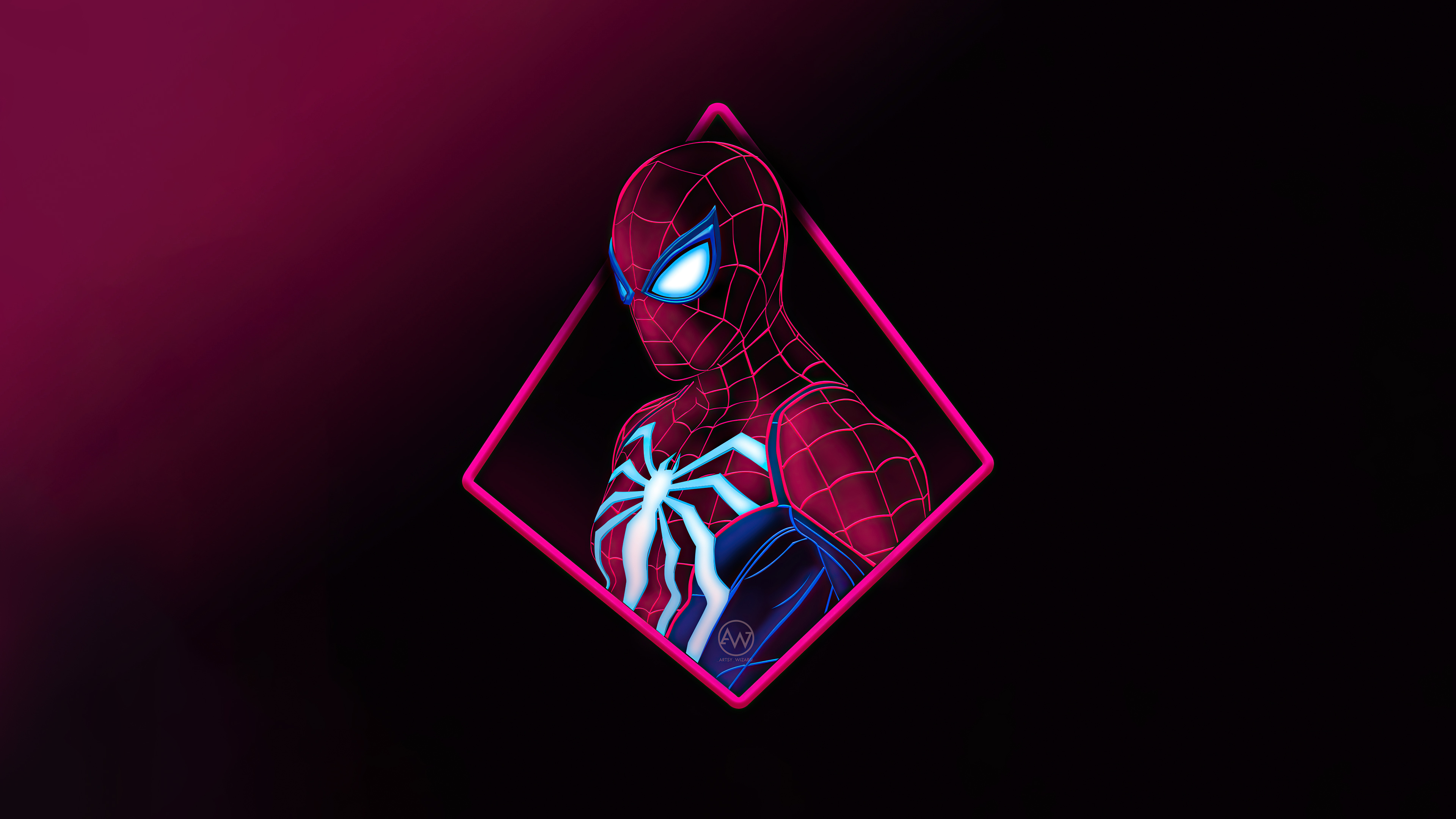 Advanced Suit Spider-Man, neon pink diamond frame, glowing white spider emblem, 4K Desktop wallpaper