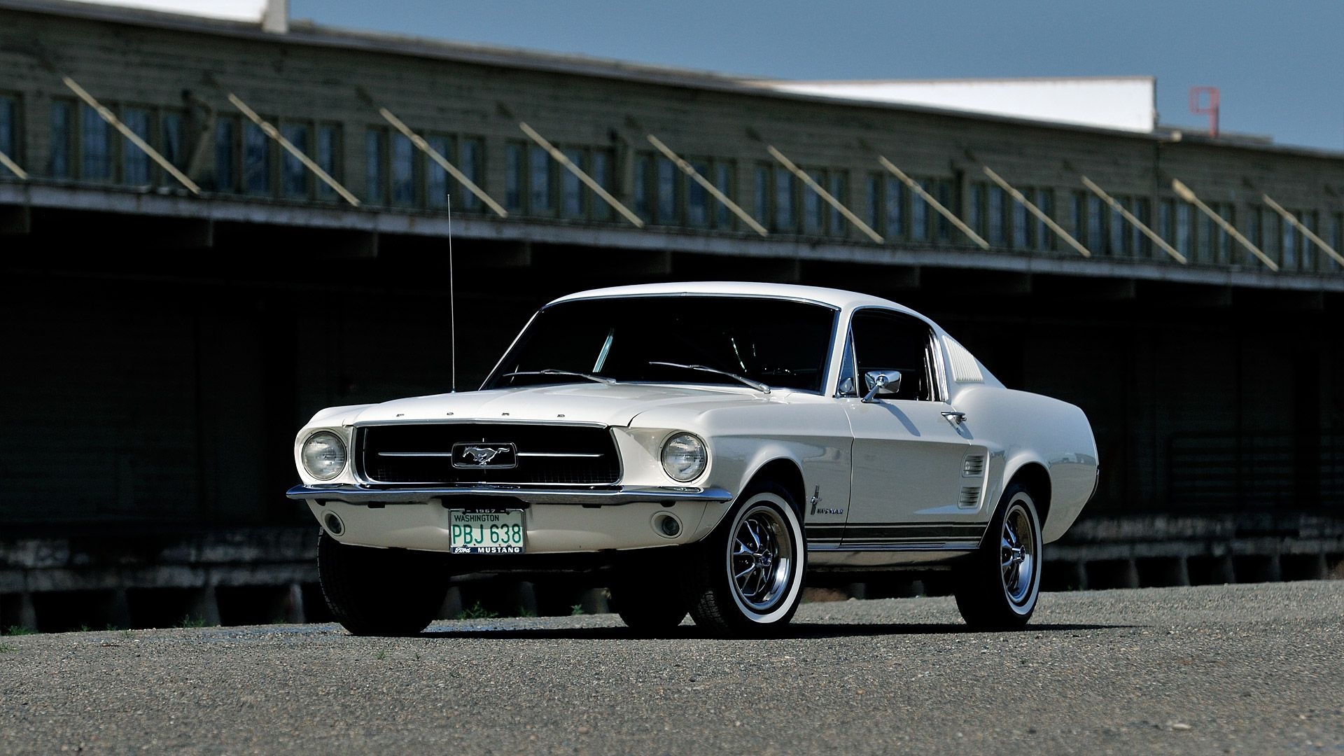 1967 Ford Mustang Fastback, Industrial building backdrop, Whitewall tires, Full HD Desktop wallpaper