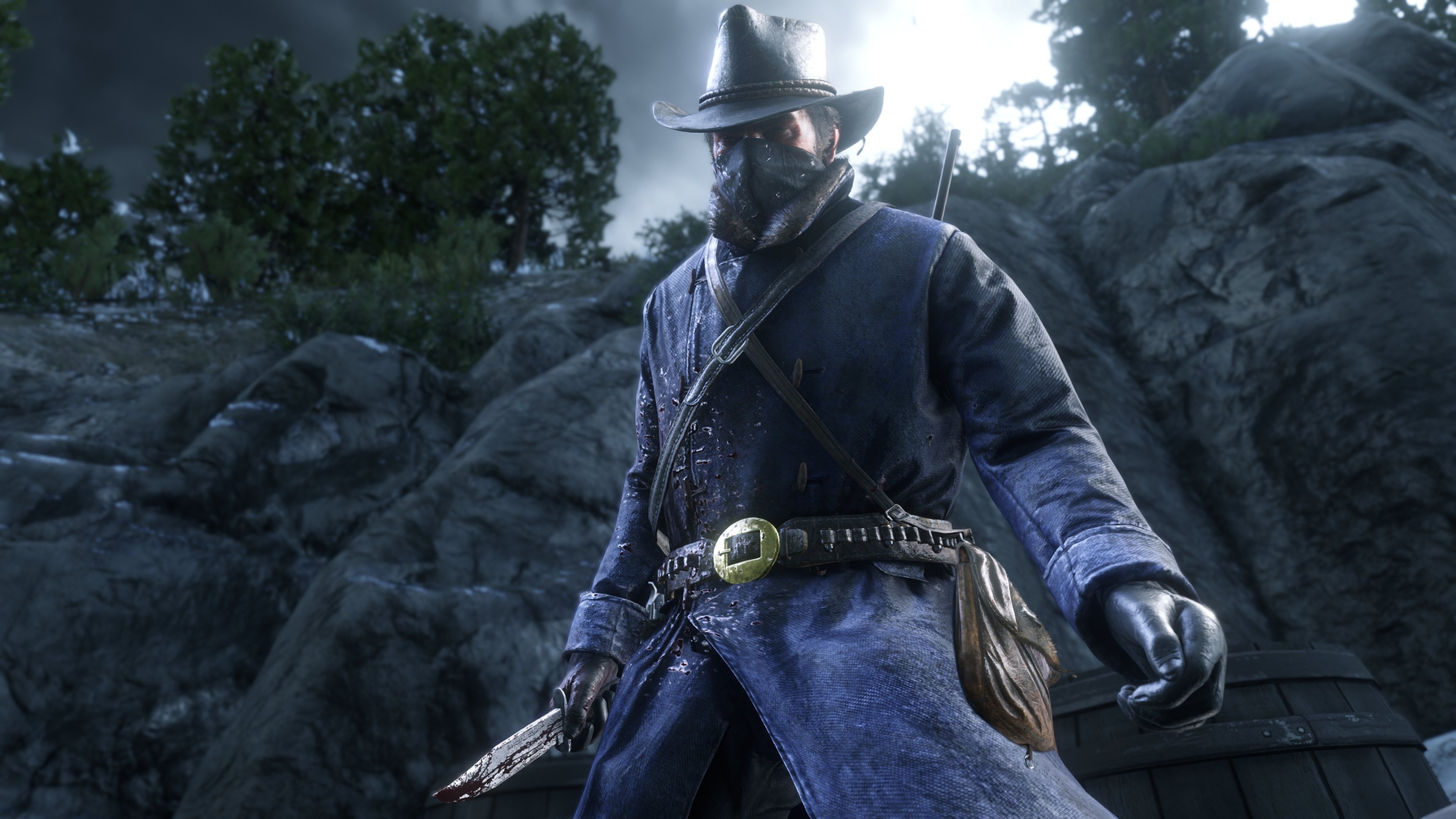Arthur Morgan, Red Dead Redemption 2, bloody hunting knife, 4K Desktop wallpaper