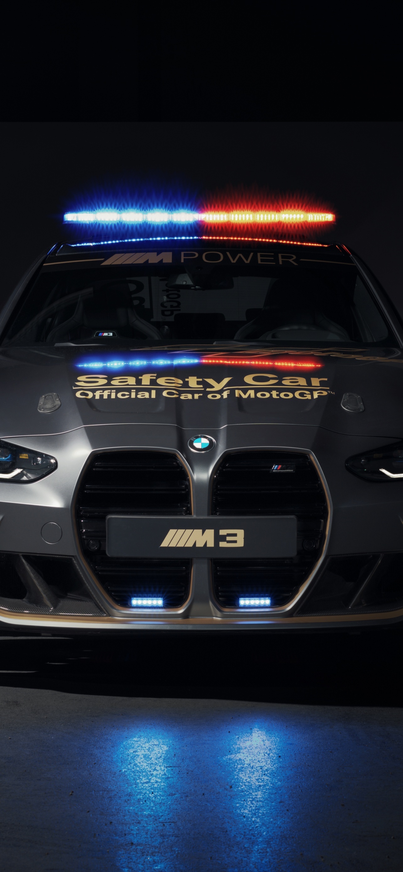 BMW M3 MotoGP Safety Car, Flashing emergency lightbar, Dark studio setting, HD Phone wallpaper