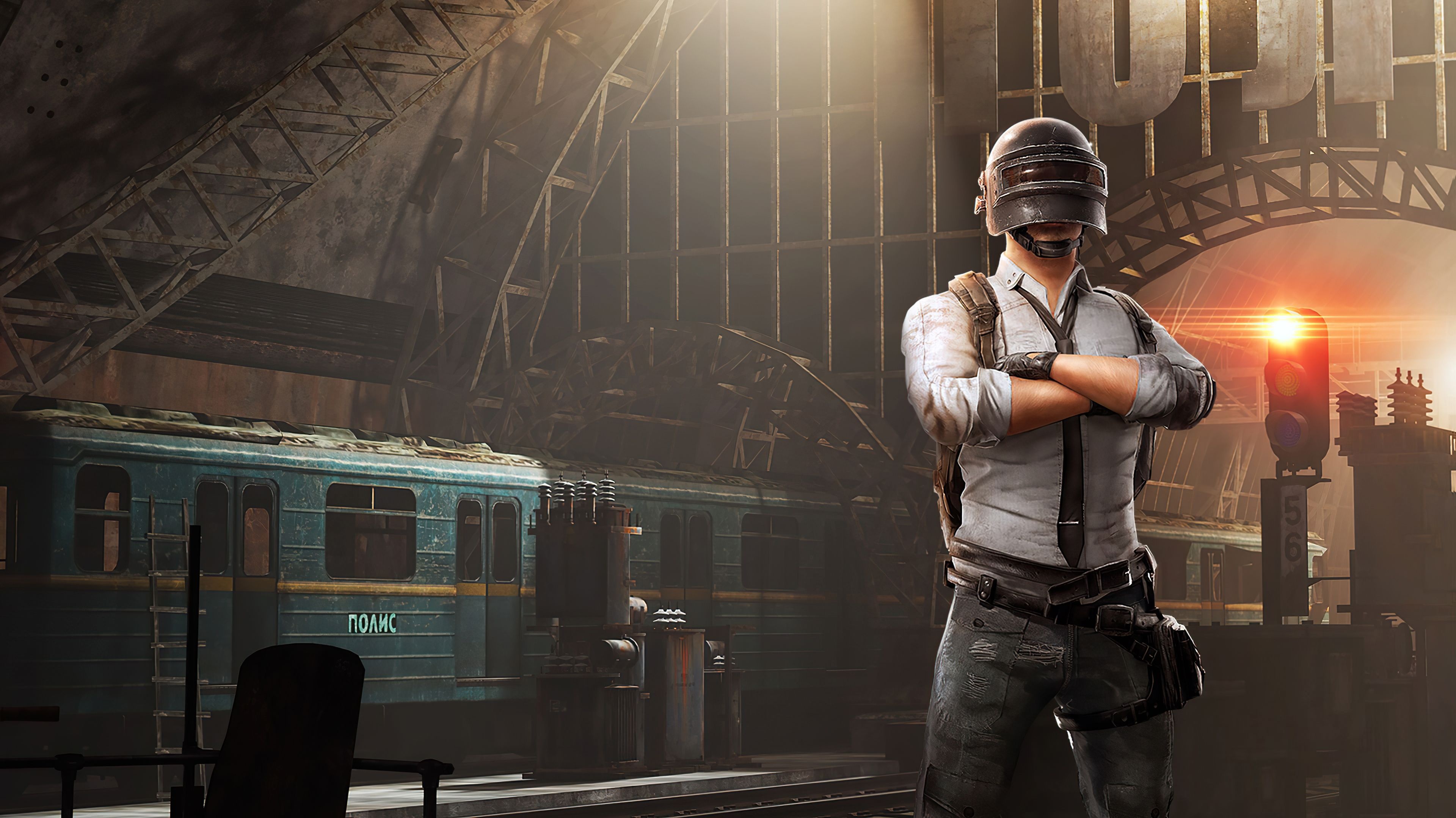 PUBG Lone Survivor, Level 3 Spetsnaz helmet, subway train station, 4K Desktop wallpaper