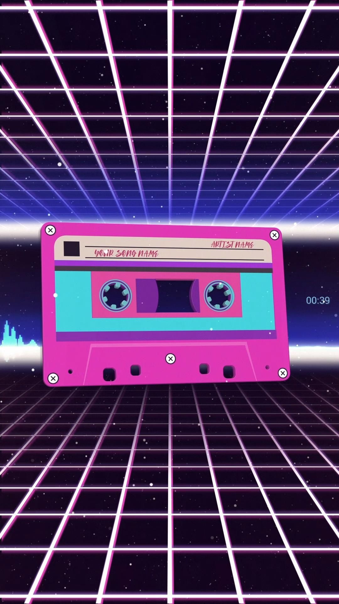 Pink audio cassette tape, Synthwave perspective grid, Starry space horizon, Full HD Phone wallpaper