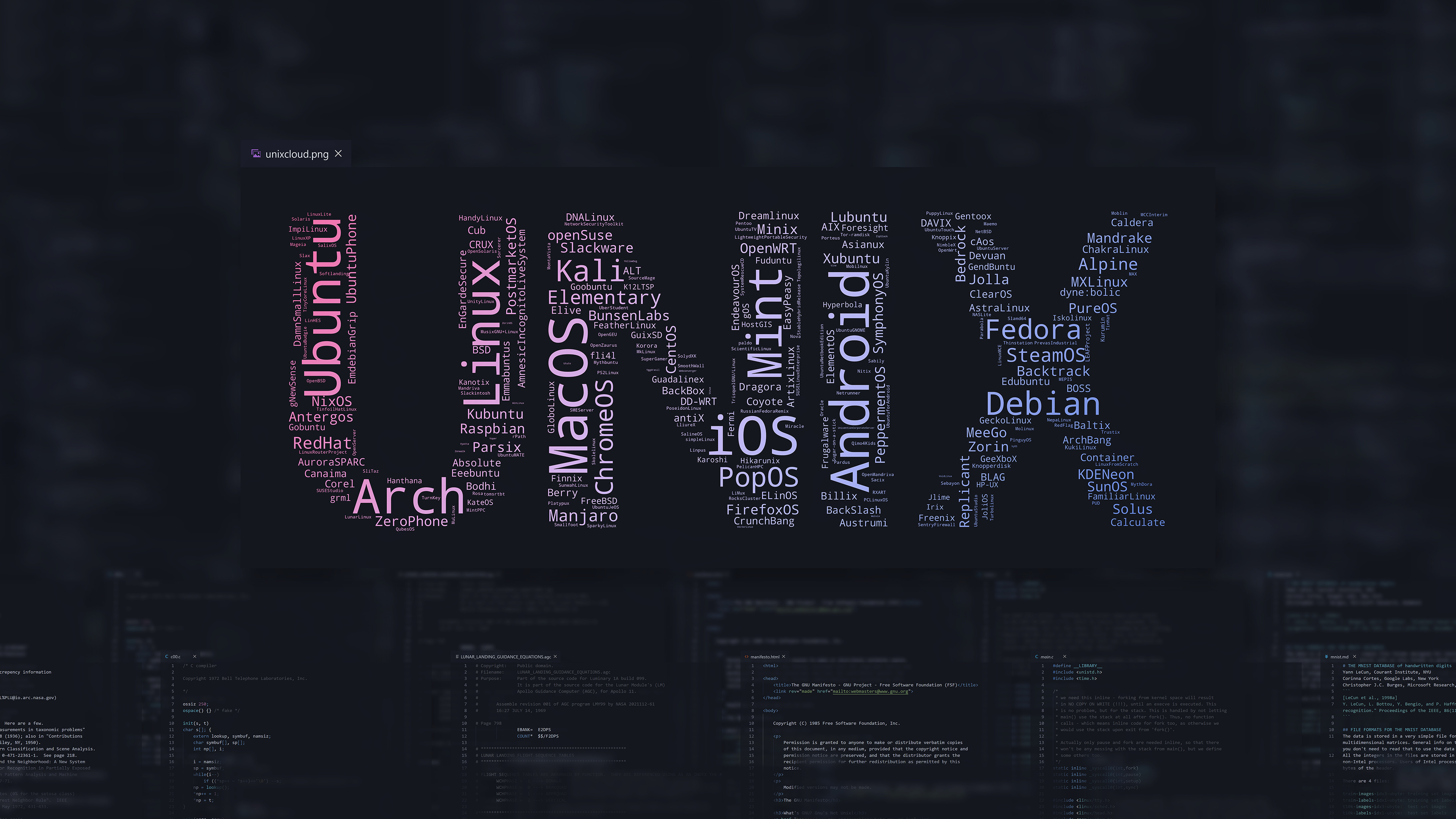 Linux distributions word cloud, unixcloud.png, operating system cityscape, source code terminal windows, 4K Desktop wallpaper