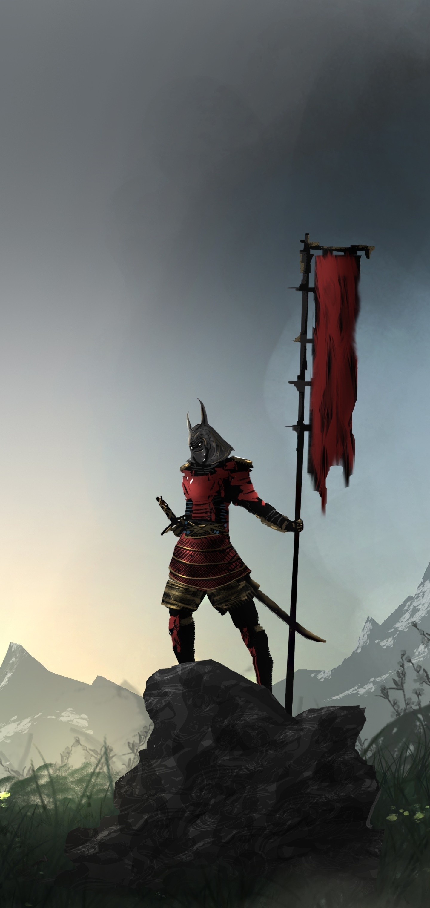 red armored samurai, tattered red war banner, rocky mountain crag, HD Phone wallpaper