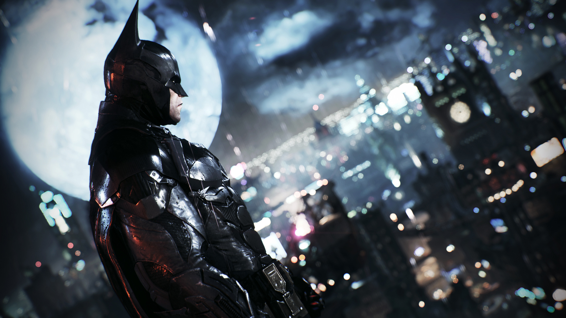 Batman Arkham Knight Batsuit, Gotham City night skyline, Full moon in cloudy sky, Full HD Desktop wallpaper