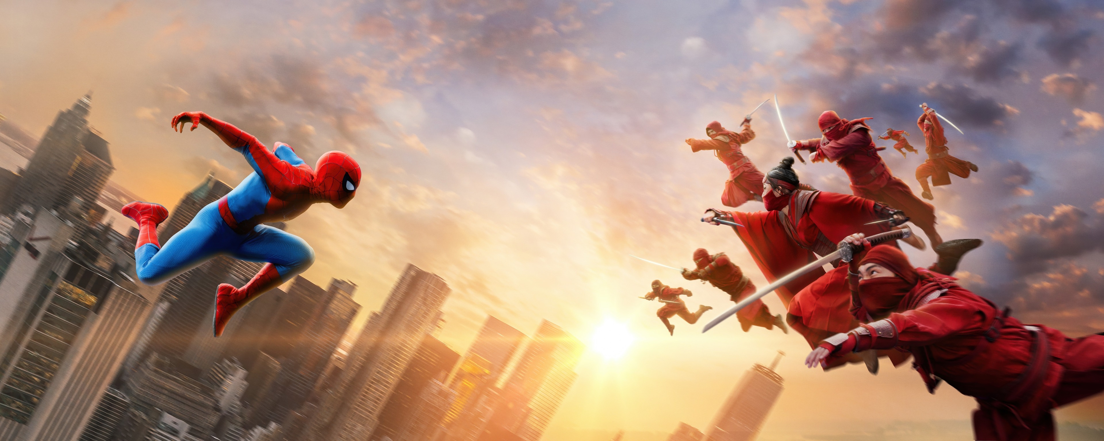Brand New Day, The Hand, Spider-Man, Midair confrontation leap, Golden sunset skyline, Red hooded figures, HD Desktop wallpaper