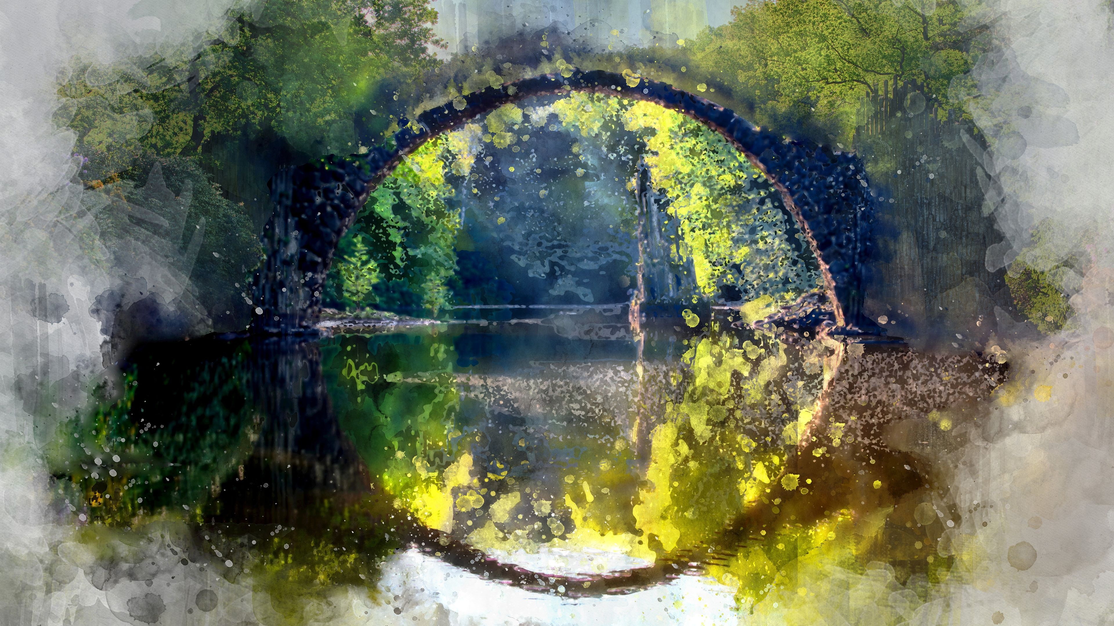 RakotzbrÃ¼cke, circular bridge reflection, watercolor splatter painting, 4K Desktop wallpaper