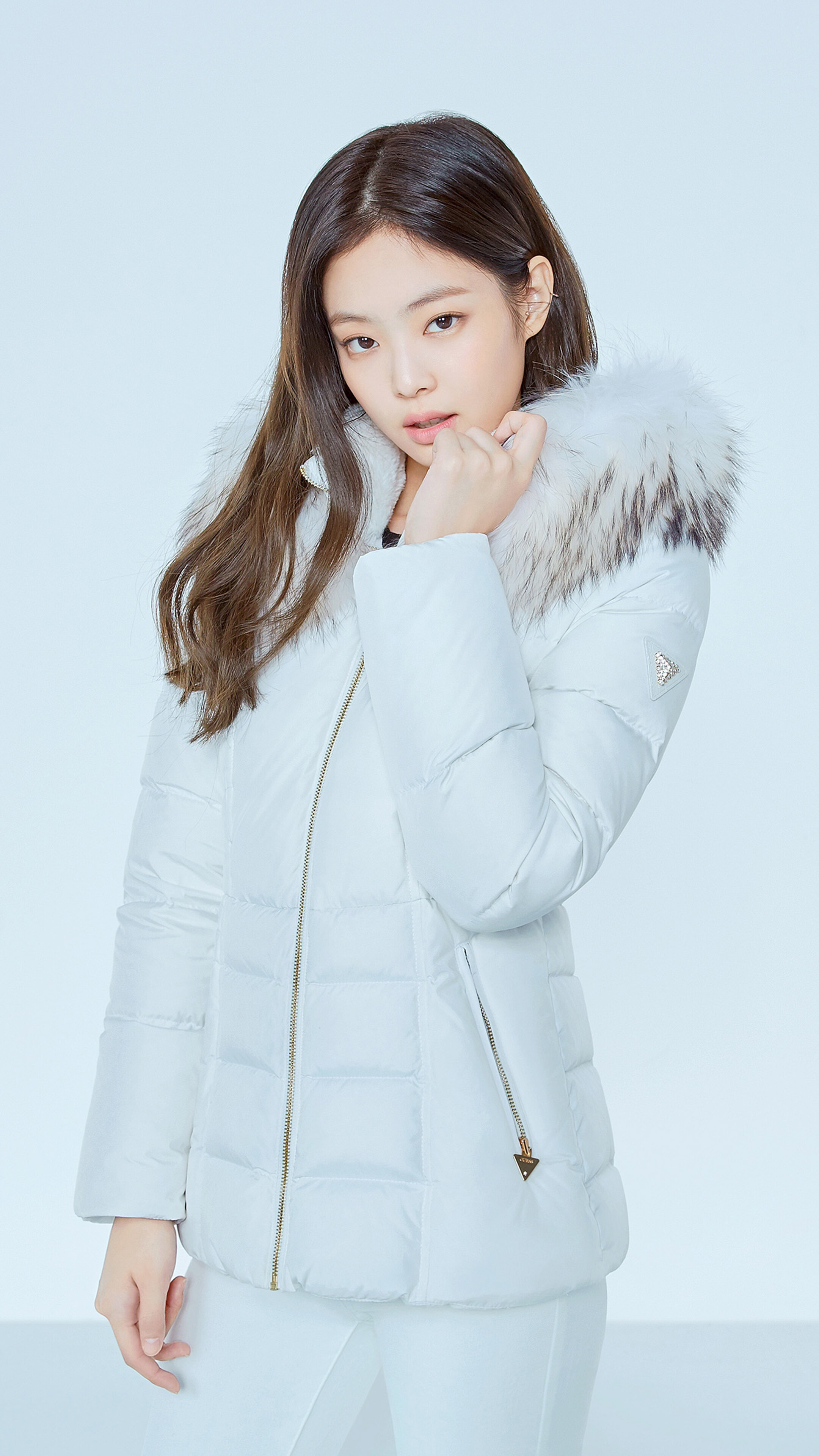 Jennie Kim, white fur-trimmed puffer coat, winter fashion photoshoot, 4K Phone wallpaper