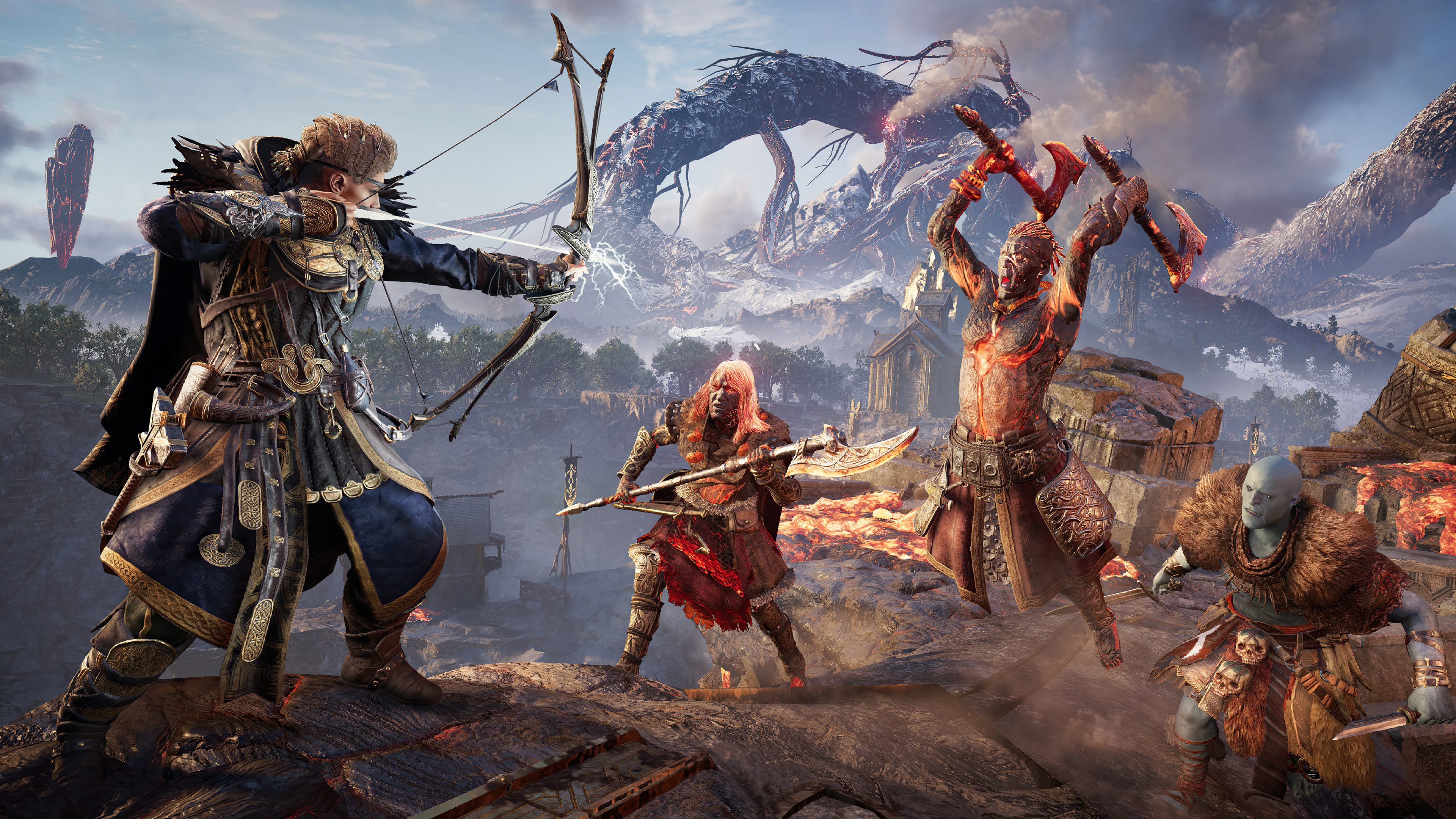 Assassin's Creed Valhalla: Dawn of Ragnarök, Odin with bow, Muspelheim warriors, Svartalfheim landscape, 4K Desktop wallpaper