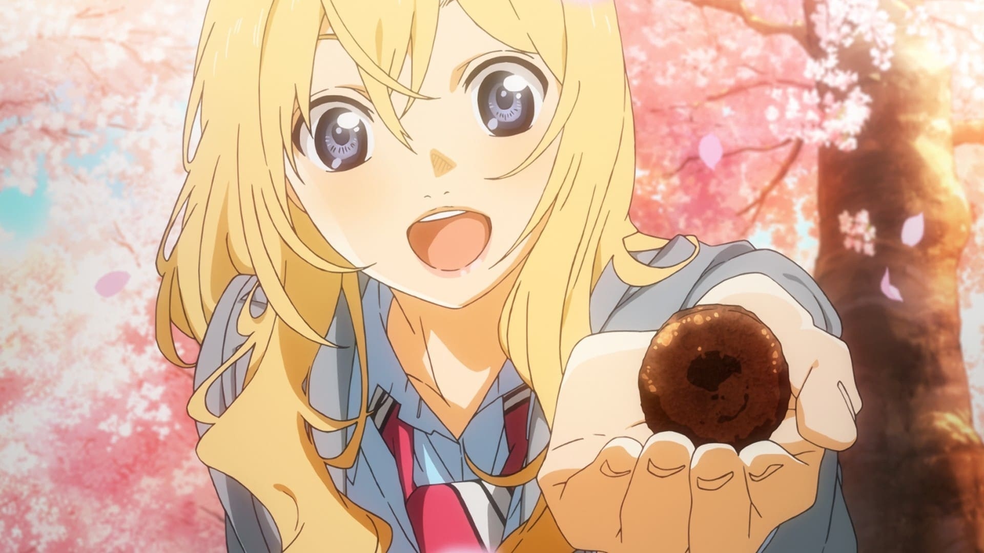 Kaori Miyazono, Canele pastry, Cherry blossom trees, Full HD Desktop wallpaper