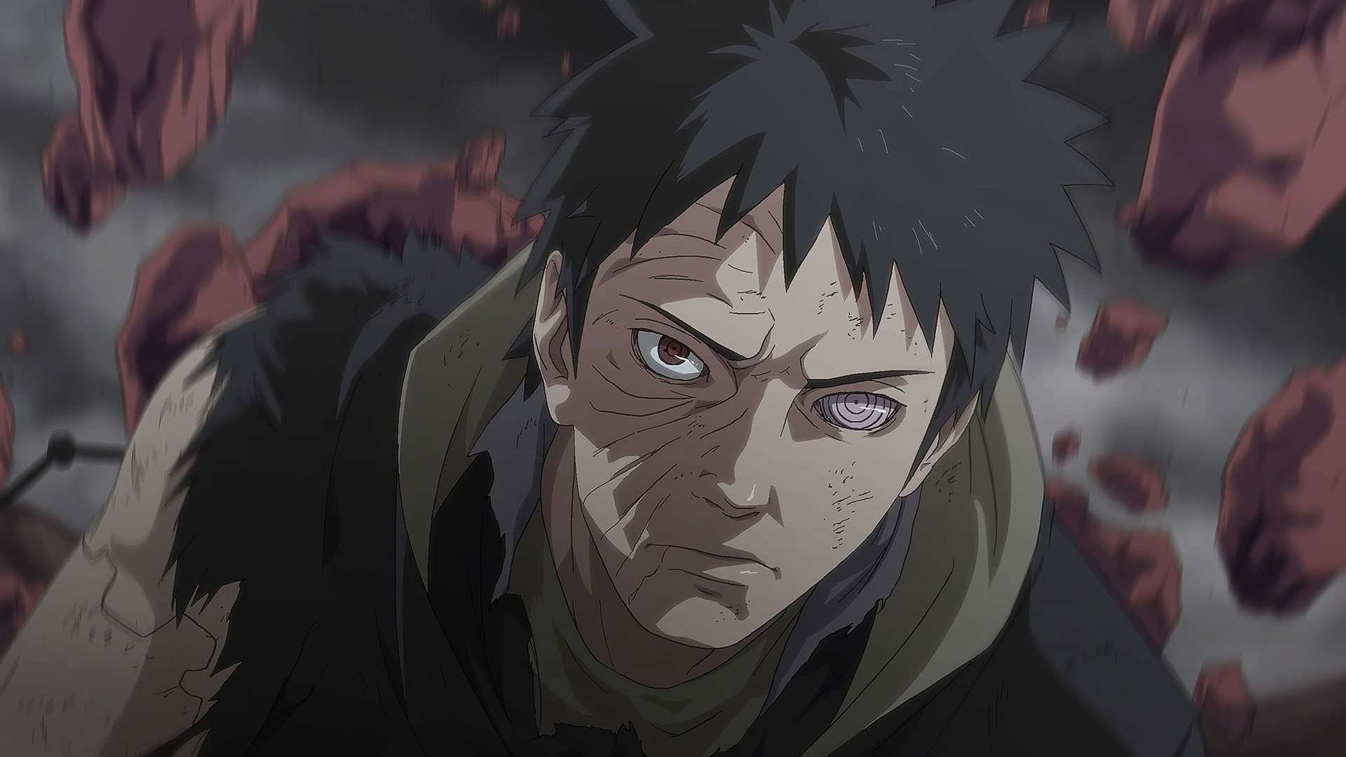Obito Uchiha, Rinnegan and Sharingan, floating shattered rocks, Full HD Desktop wallpaper