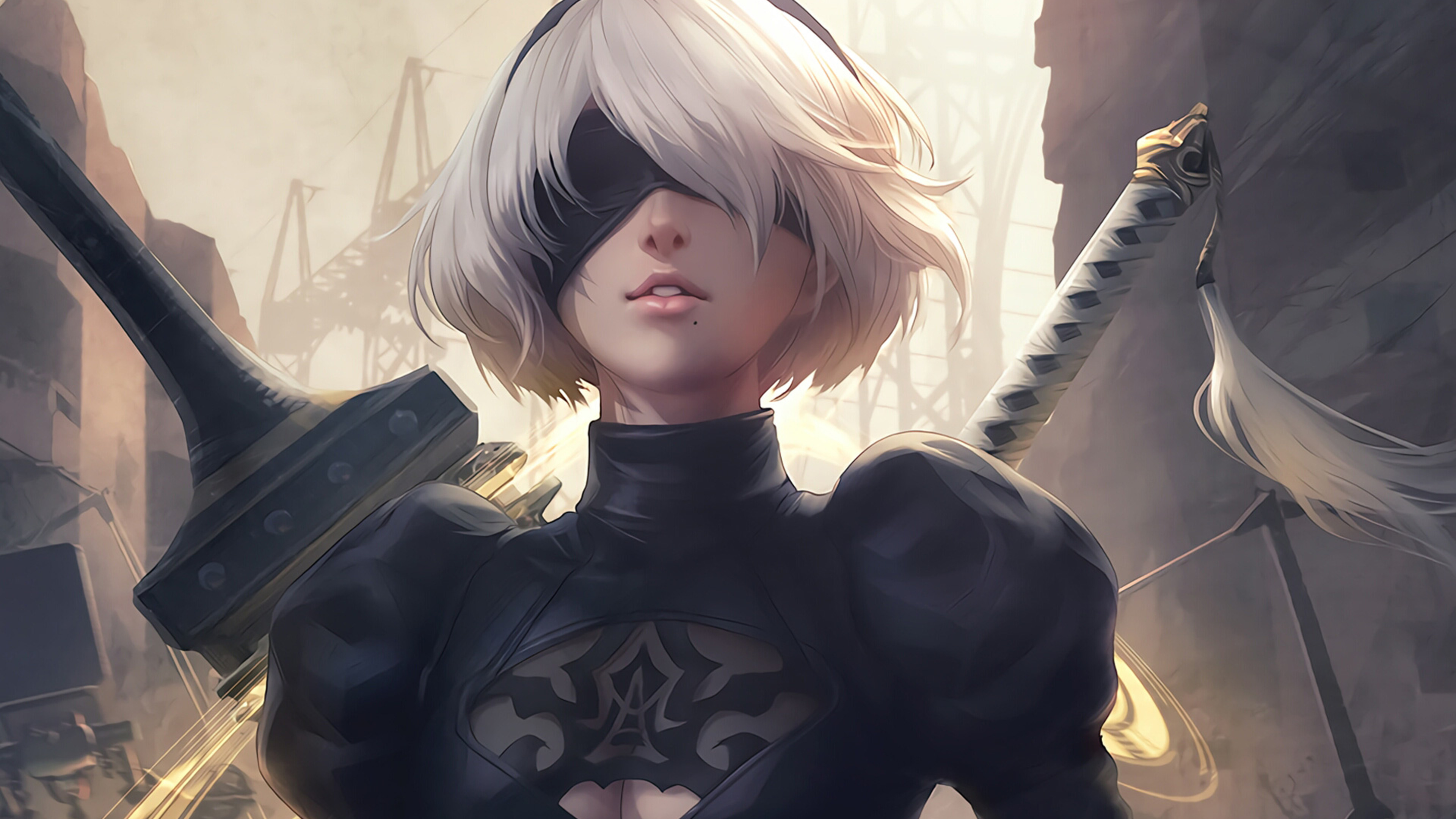 2B from NieR:Automata, Virtuous Contract katana, Post-apocalyptic industrial ruins, 4K Desktop wallpaper