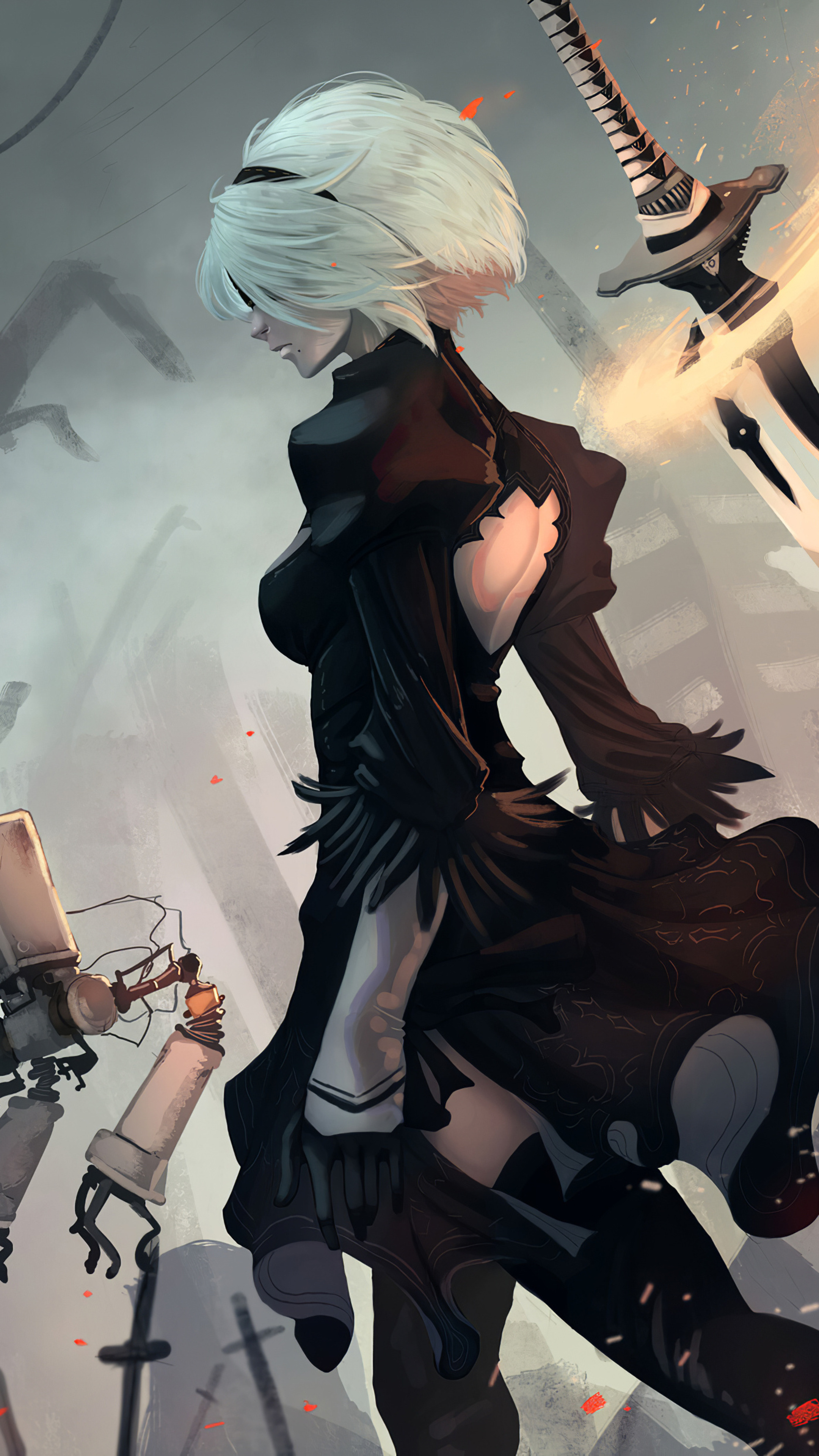2B from NieR: Automata, Virtuous Contract katana, Pod 042 unit, 4K Phone wallpaper