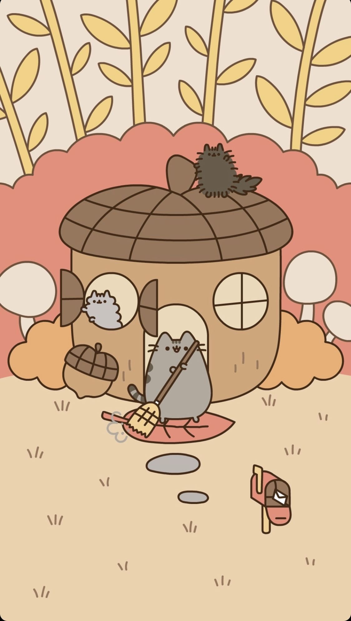 Pusheen holding broom, Pip on acorn roof, Stormy looking out window, Acorn house illustration, HD Phone wallpaper