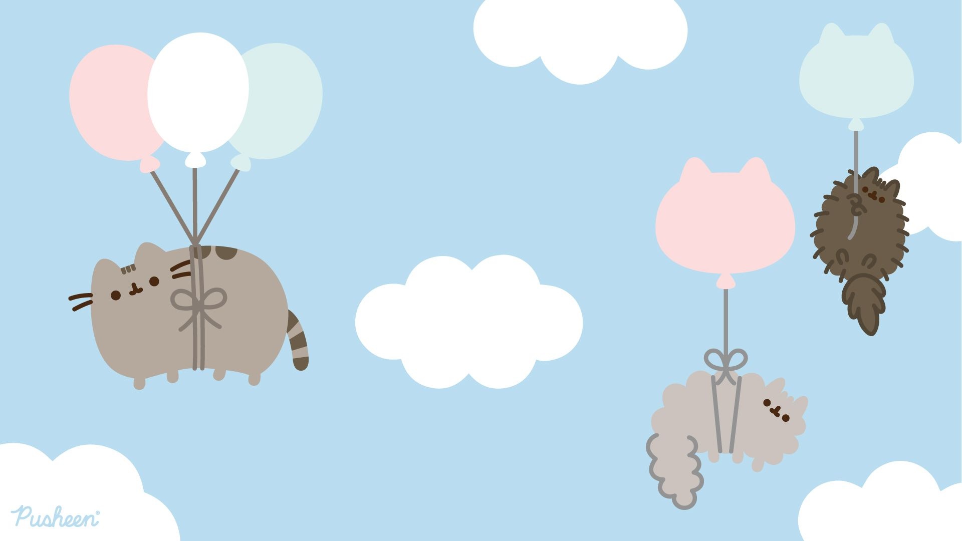 Pusheen with balloons, Stormy the Cat, Pip the Cat, Pastel blue sky clouds, Full HD Desktop wallpaper