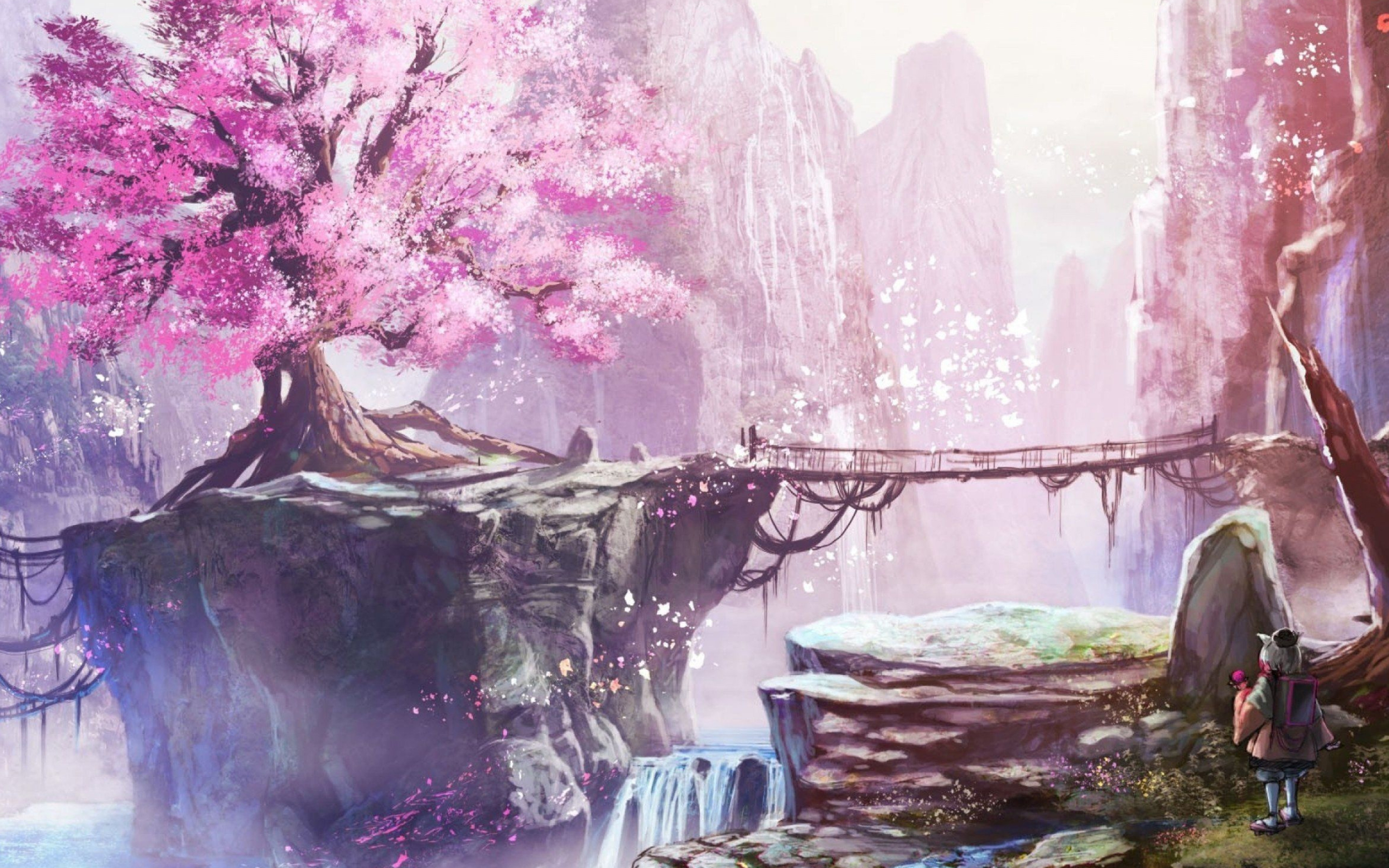 Blooming sakura tree, Rope suspension bridge, Fantasy canyon waterfall, HD Desktop wallpaper