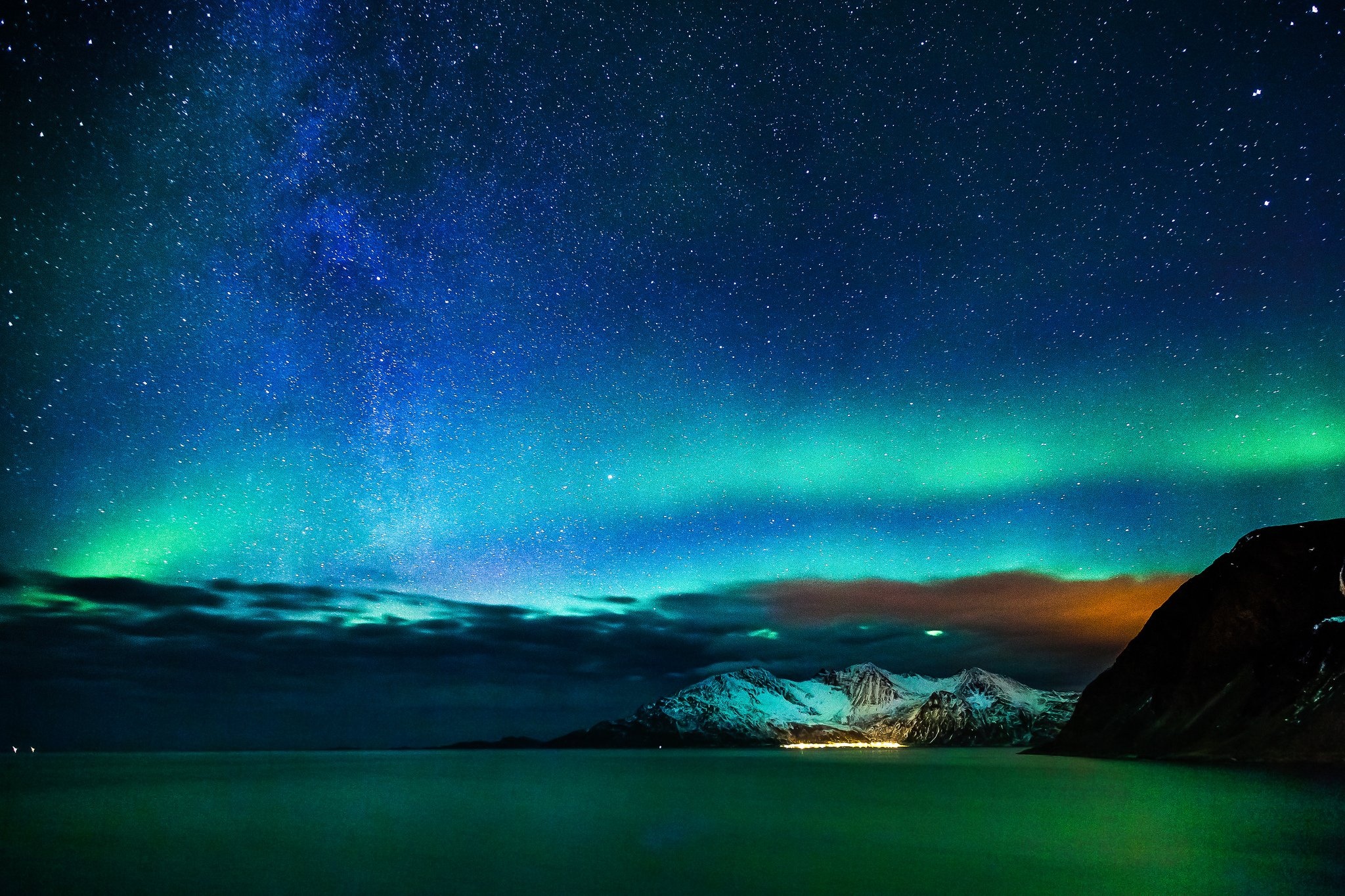 Green Aurora Borealis, Milky Way galaxy, Snow-capped coastal mountain, HD Desktop wallpaper