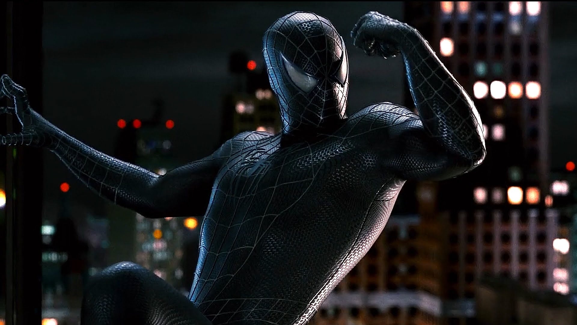 Symbiote Spider-Man, Tobey Maguire, New York City night skyline, Full HD Desktop wallpaper