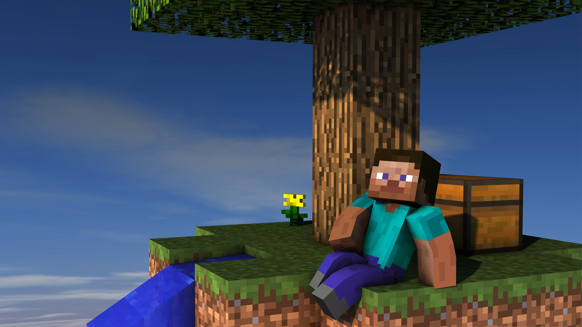 Steve, SkyBlock island, Minecraft chest, Full HD Desktop wallpaper