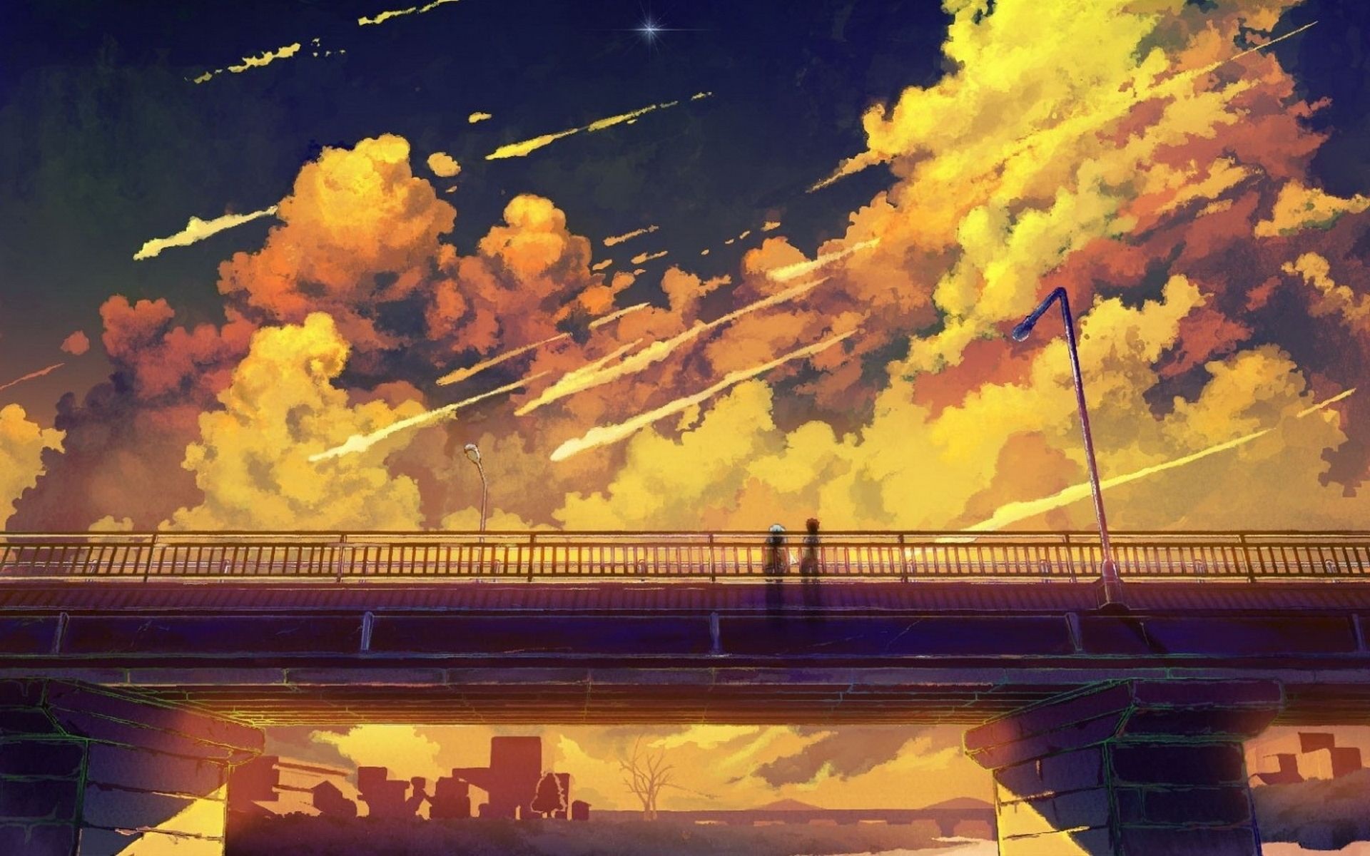 silhouetted figures on bridge, golden sunset anime clouds, meteor shower trails, HD Desktop wallpaper