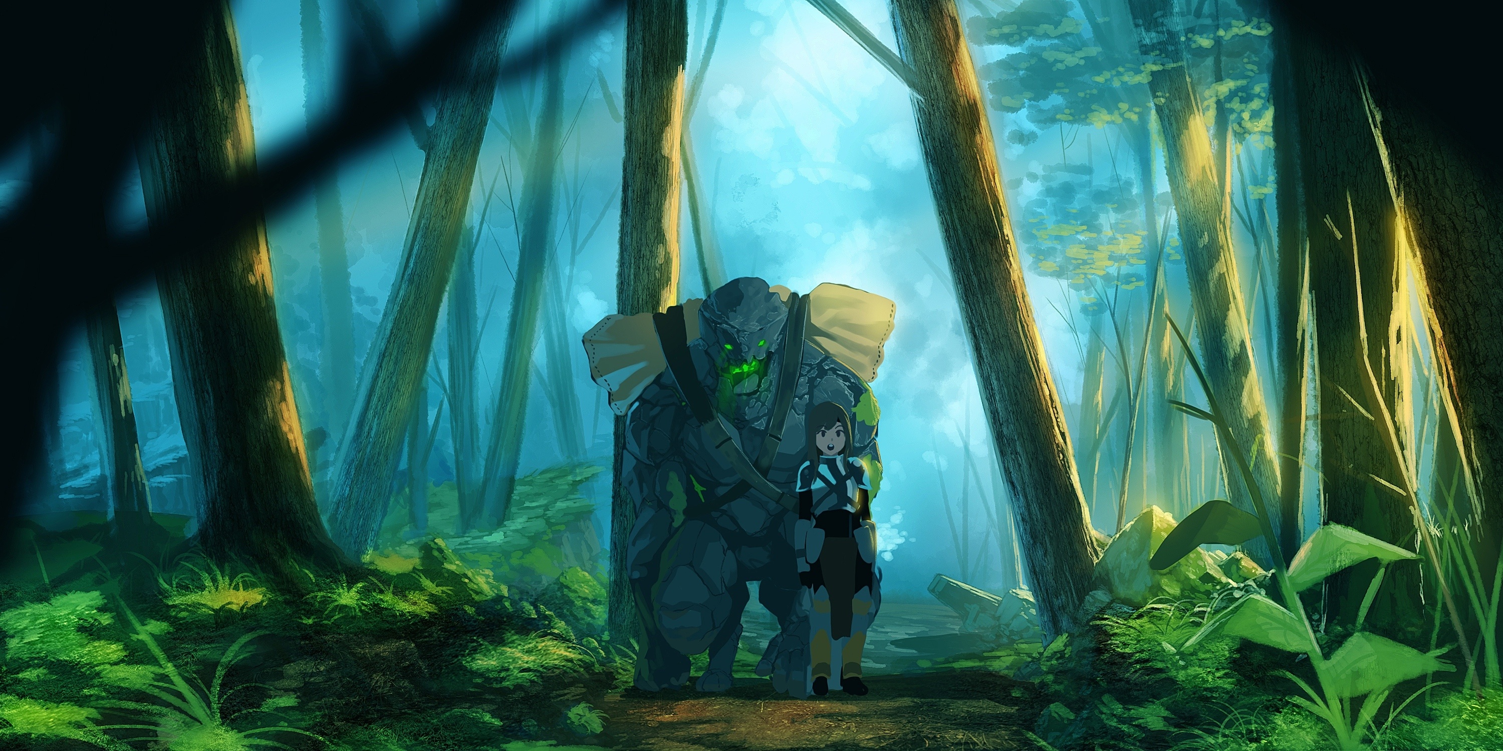 Golem, Anime golem, Anime girl, Forest trees, 3000x1500 Dual Screen Desktop