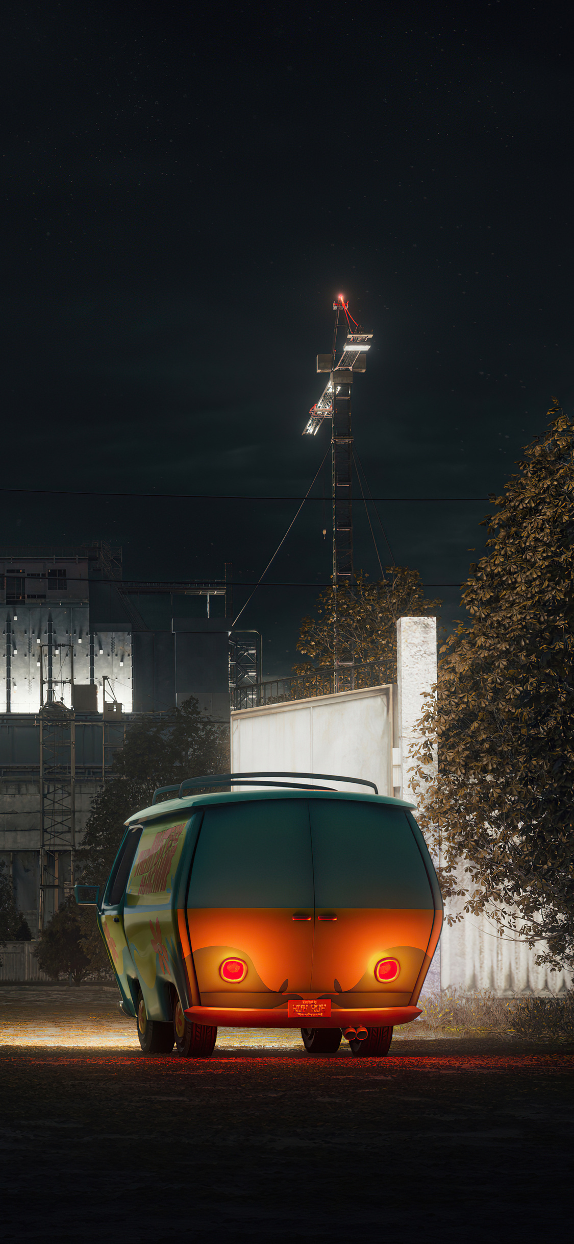 The Mystery Machine, illuminated construction crane, industrial yard at night, HD Phone wallpaper