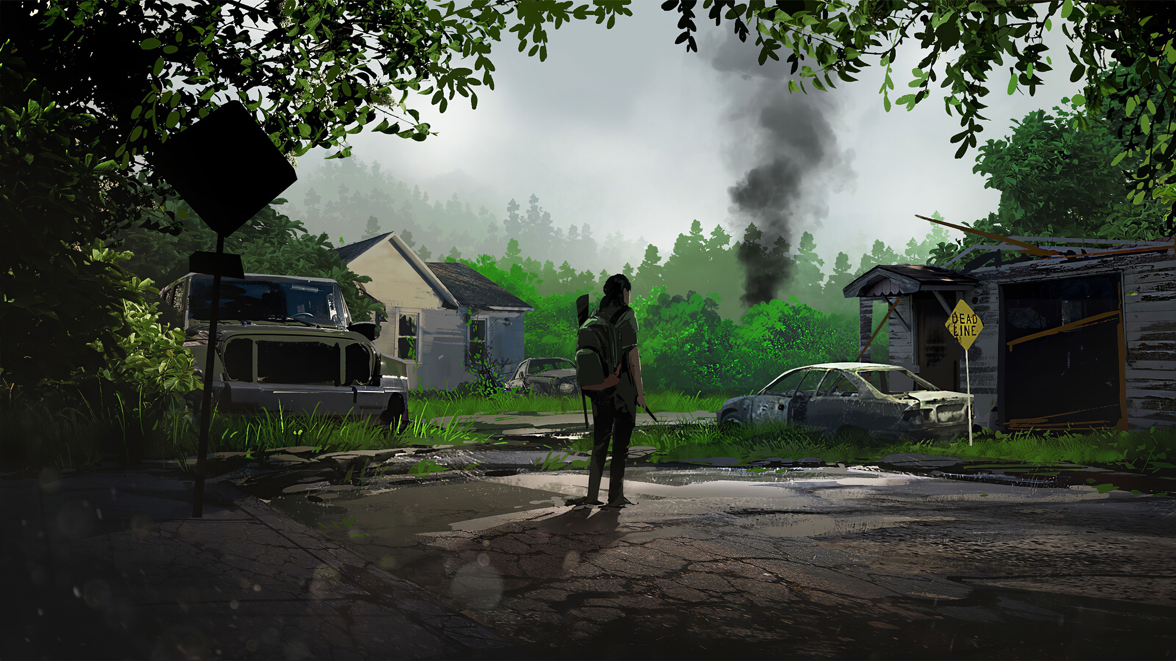Ellie Williams, Dead End road sign, overgrown abandoned street, 4K Desktop wallpaper