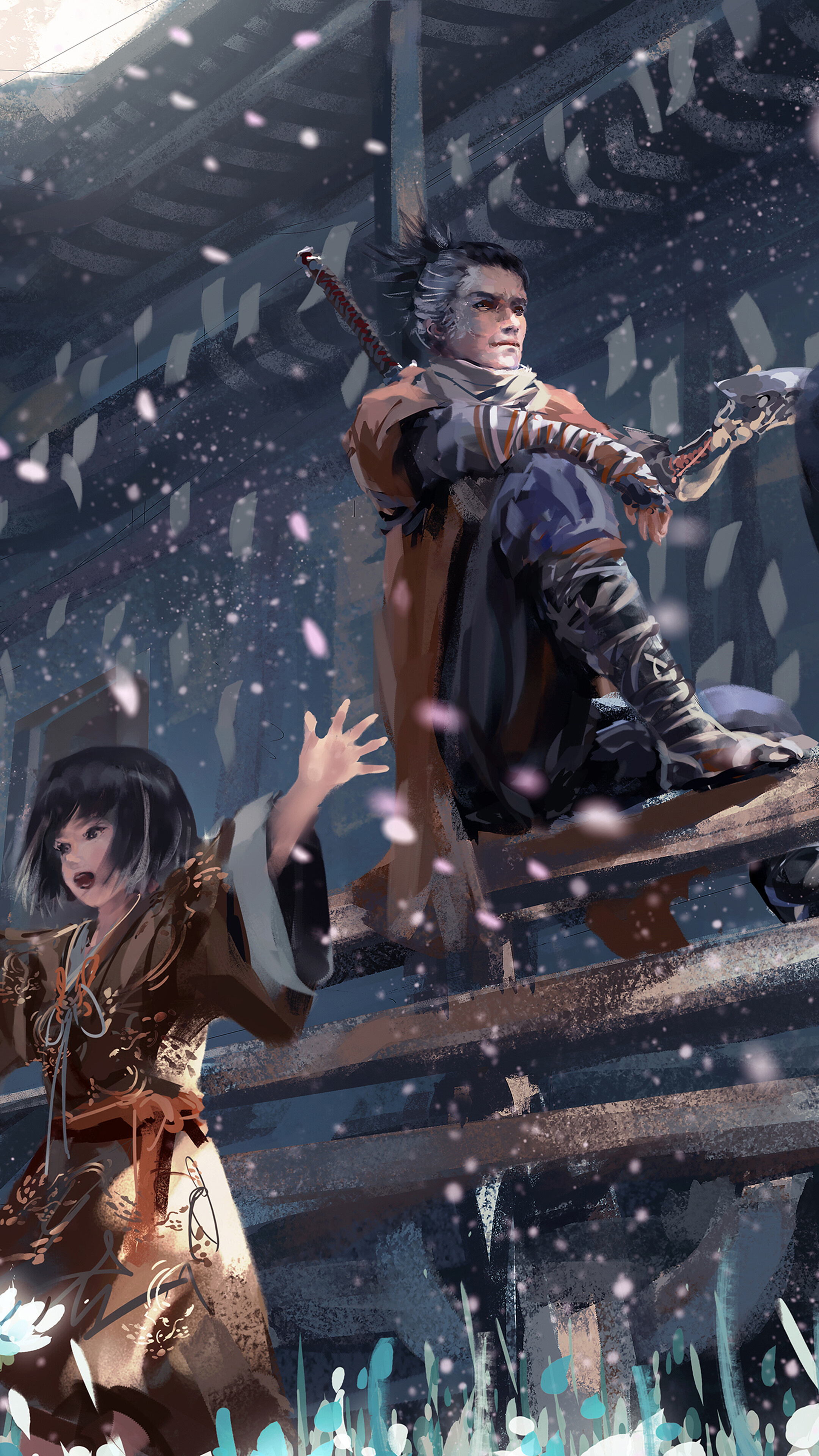 Sekiro, Kuro the Divine Heir, falling cherry blossom petals, 4K Phone wallpaper