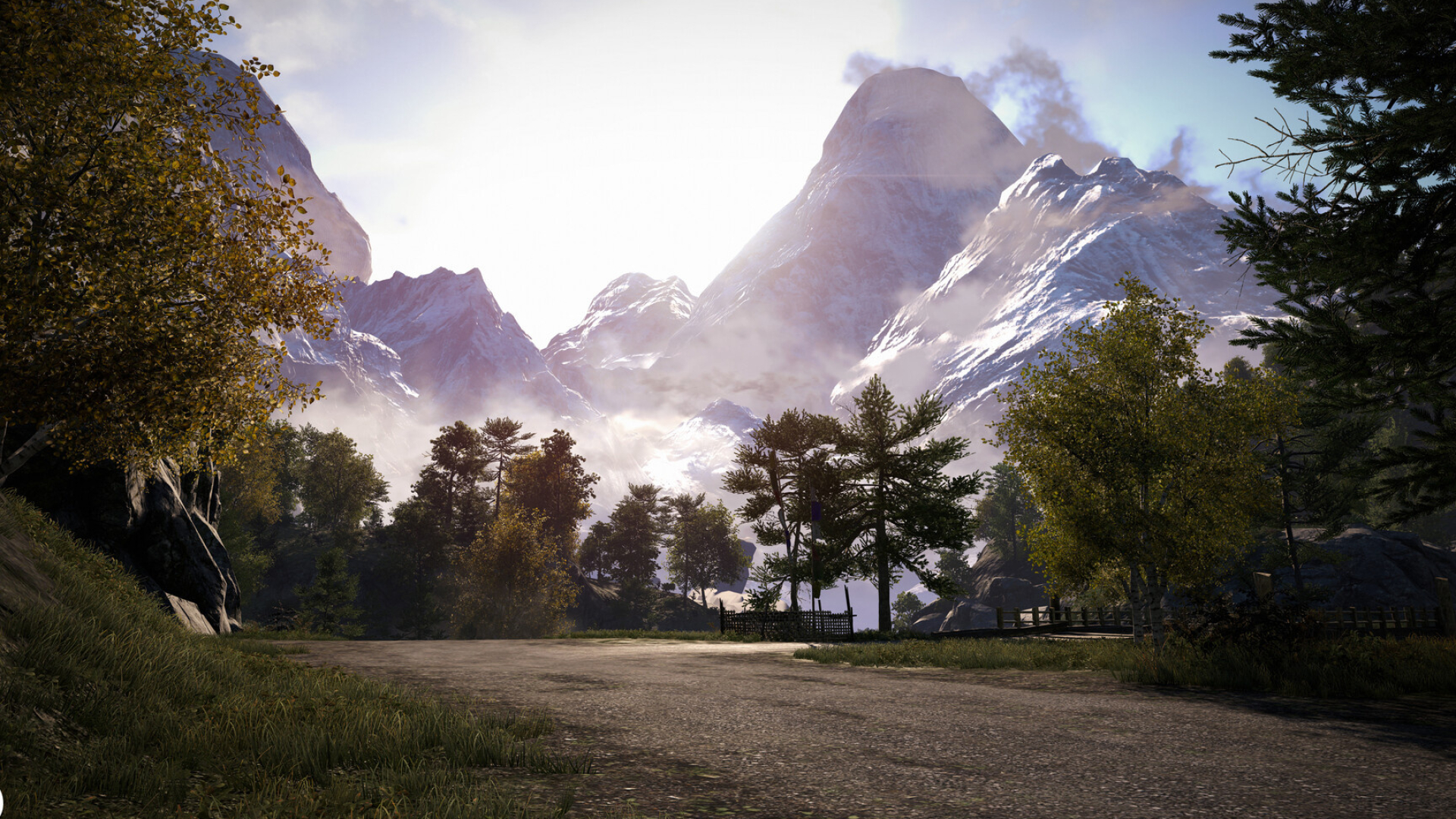 Far Cry 4 Kyrat landscape, Snow-capped Himalayas, Sunlit dirt road, Full HD Desktop wallpaper