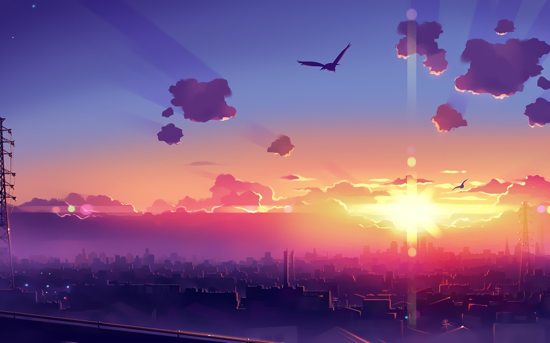 Bird city cloud, Anime sunset, Original artwork, Serene beauty, 1920x1200 HD Desktop