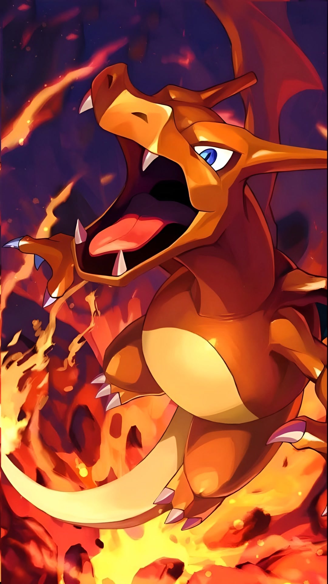 Charizard roaring, Kanto, Blazing flames, Purple sky, Full HD Phone wallpaper