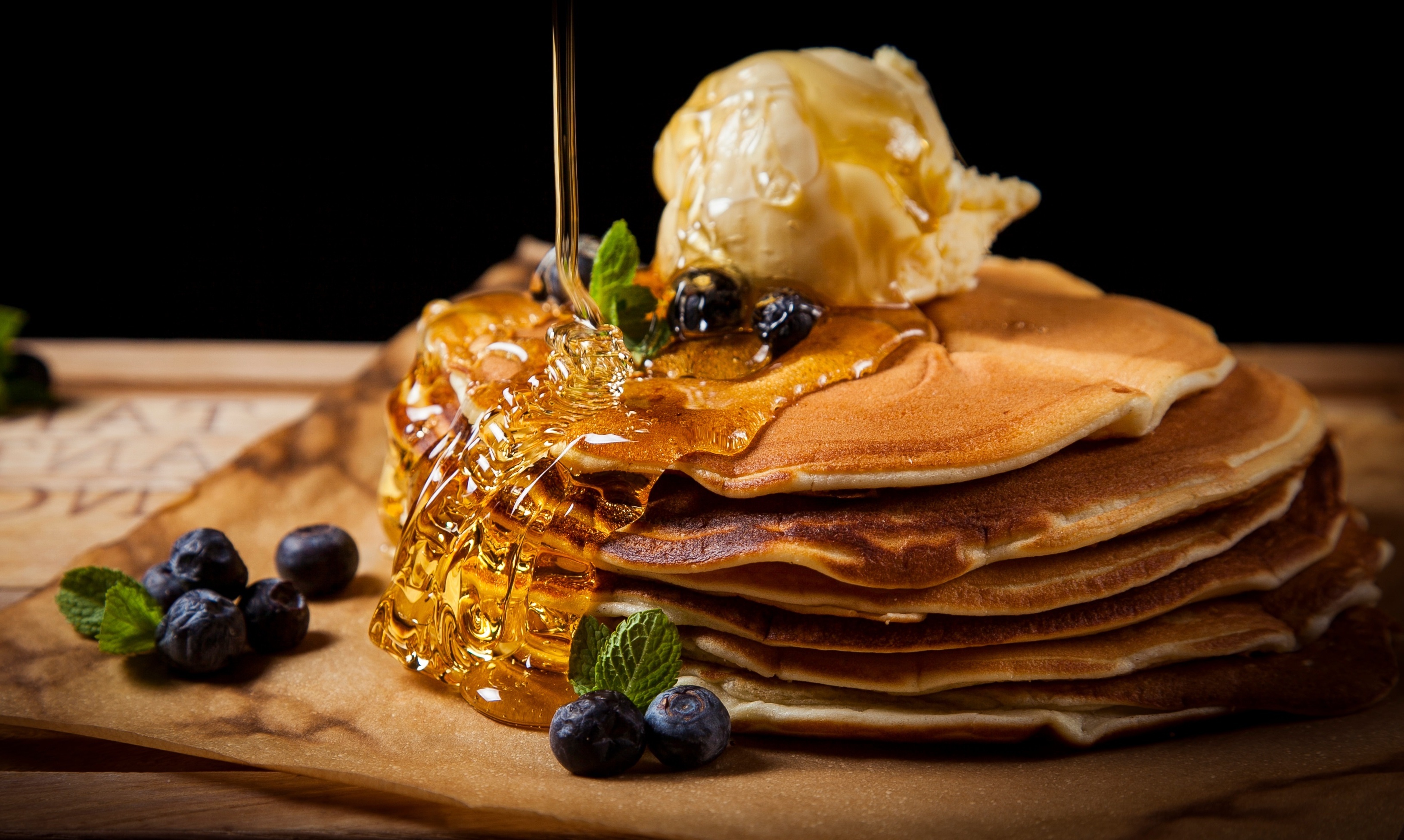 Ice cream and syrup, Pancakes Wallpaper, 3260x1960 HD Desktop