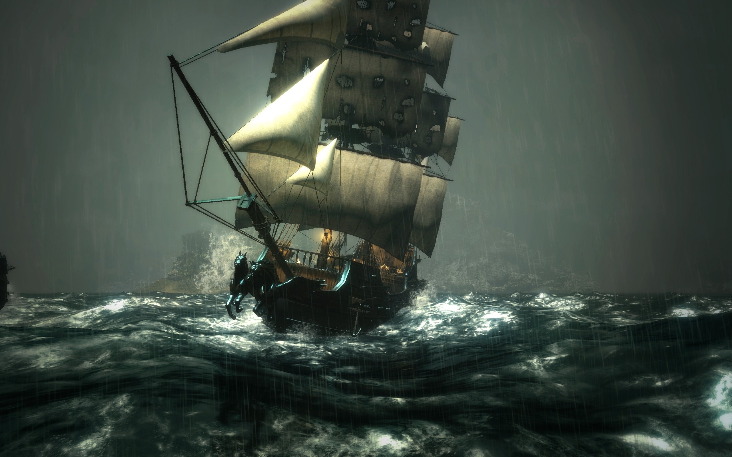 Stormy pirate galleon, Raging ocean storm waves, Tattered billowing sails, HD Desktop wallpaper